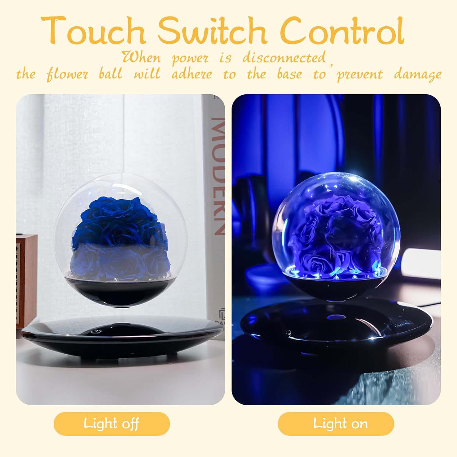 Magnetic Levitating Preserved Flowers Blue Rose with LED Lights 360° Rotating Floating Flower Lamp for Home Desk Decor, Unique Romantic Gift for Valentine's, Anniversaries, and Weddings