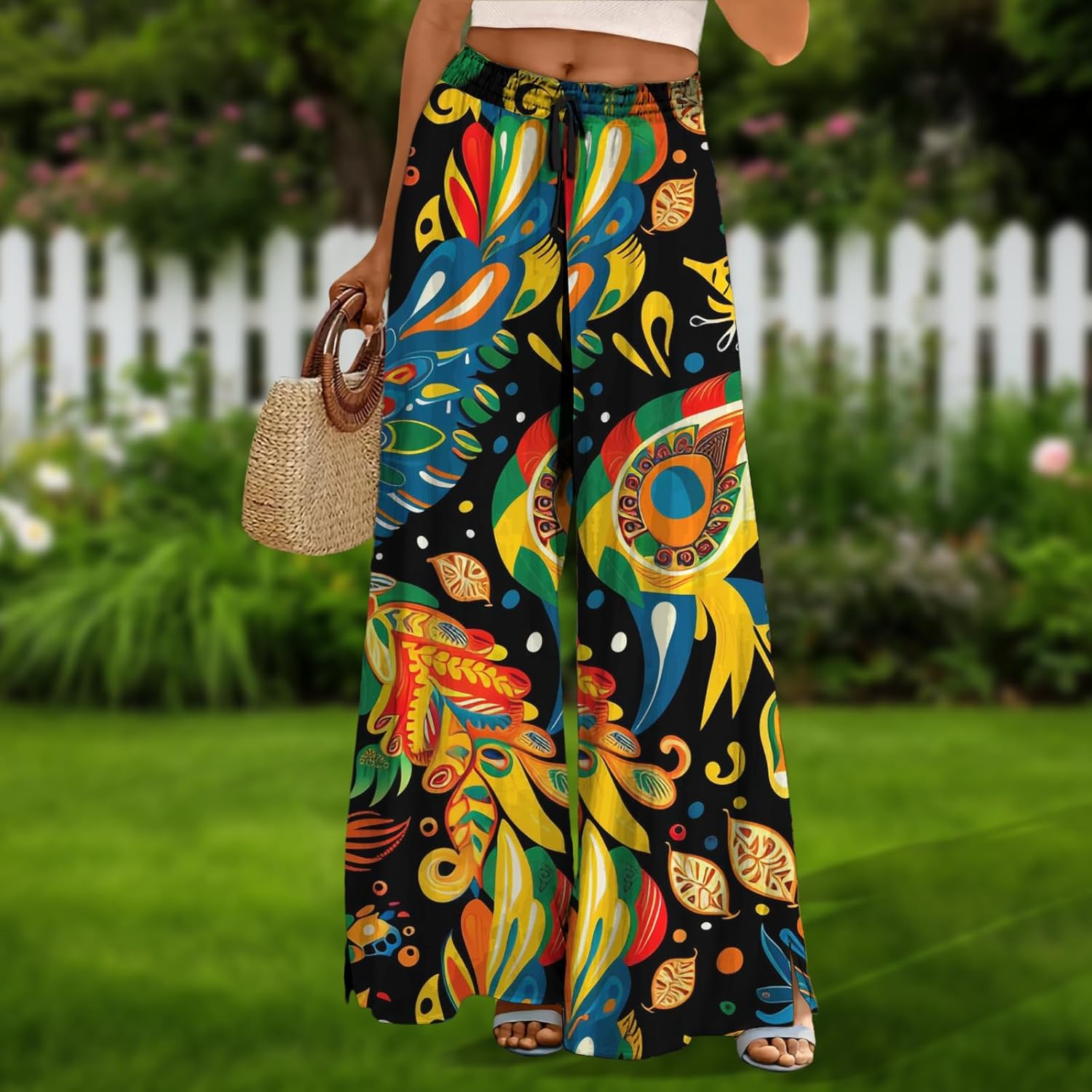 Women Casual Pants High Waist Wide Leg Summer Boho Floral Lounge Palazzo Pants Elastic Trousers - Image 2