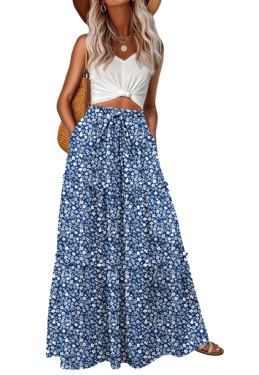 Lepunuo Womens Casual Boho High Waisted Flowy Maxi Skirts Tiered Floral Long Skirts with Pockets for Summer Beach