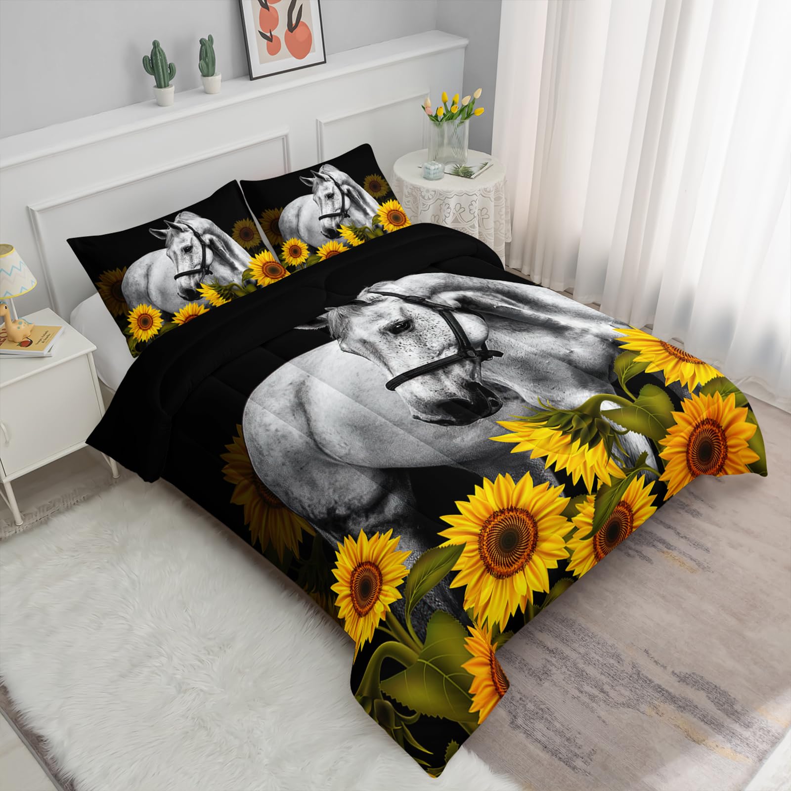 Axolotl Juego de ropa de cama de caballo, juego de edredón de girasol, juego de ropa de cama floral campestre, edredón de caballo galopante, juego de ropa de cama de girasol para niños, niñas,