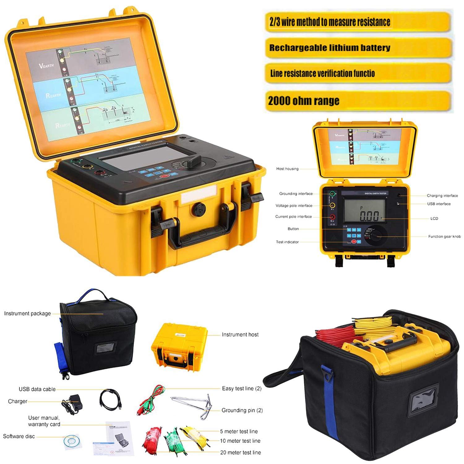 Digital Earth Ground Resistance Tester Meters 2 3 Wire Digital Earth Resistance Tester with Range 0.00ohm to 2000ohm Earth Voltage Range 0 to 600V 400 Data Storage Lithium Battery