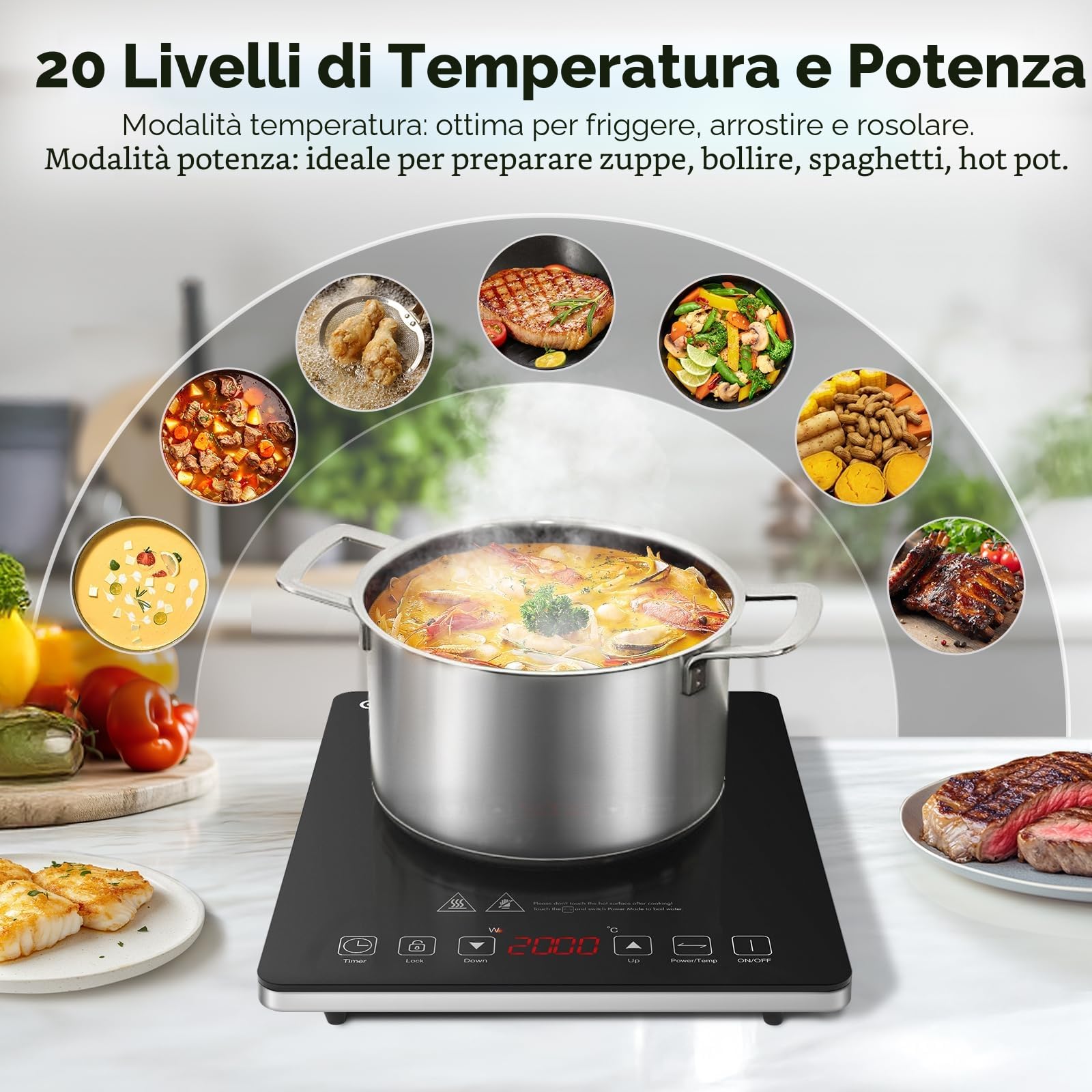 Piastra ad induzione,AMZCHEF piano Cottura a induzione elettrica con superficie in vetro cristallo nero, design portatile ultrasottile, controllo touch sensor e blocco di sicurezza,2000W
