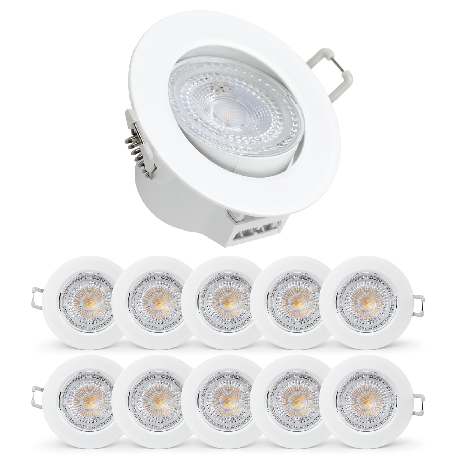 Paul Russells White Led Recessed Tilt Downlight, 4.8W 500Lm, Warm/Cool/Day 3 Adjustable Cct, Ip44, Round (Not Dimmable) Spotlight For Kitchen, Living & Bathroom Ceiling Lights, 10-Packs (White)