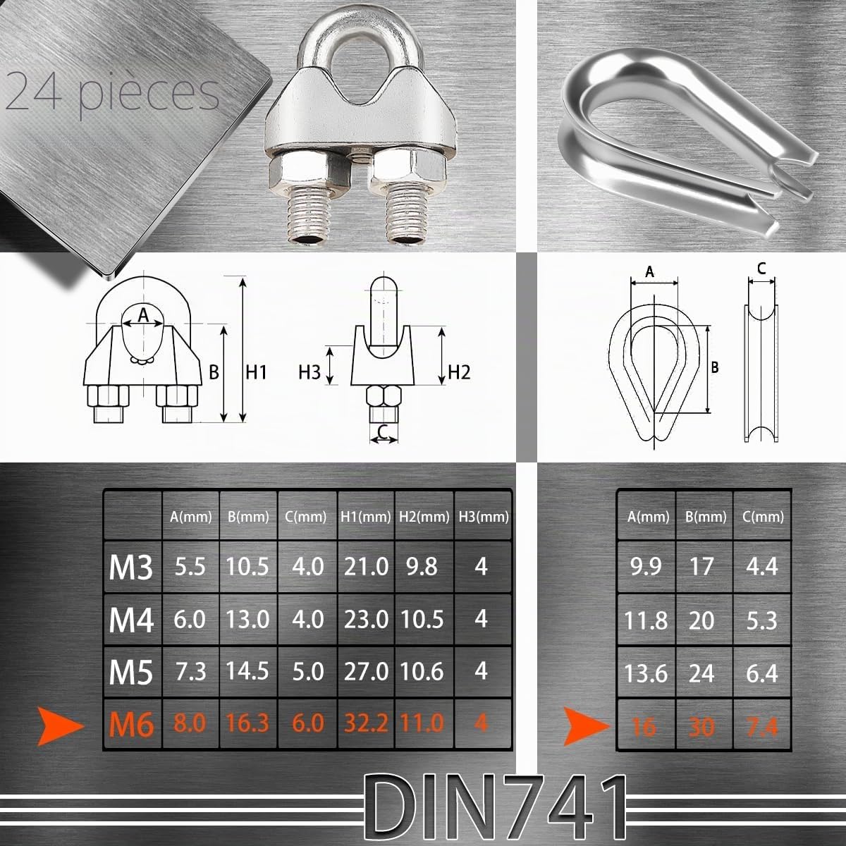 Mbsomnus 24 Pièces Serre Cable Inox 6mm 12 Pièces Serre Câbles et 12 Pièces Cosses de Câble Metallique M6 Inoxydable A4(V4A) DIN741 U Boulon Clip de Câble Clips pour Câble en Acier