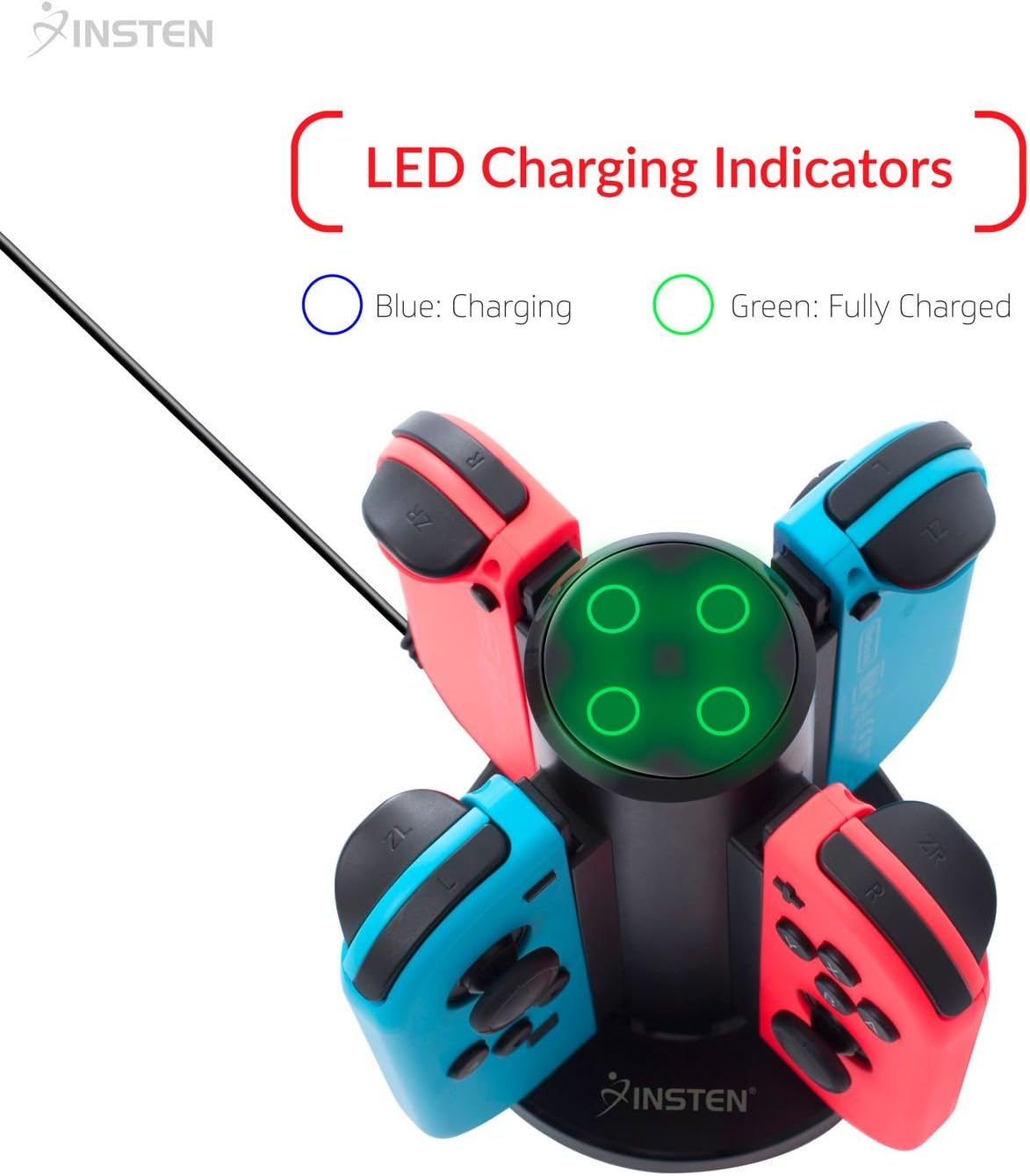 Insten Joy-Con Charging Dock with LED indicators showing blue for charging and green for fully charged