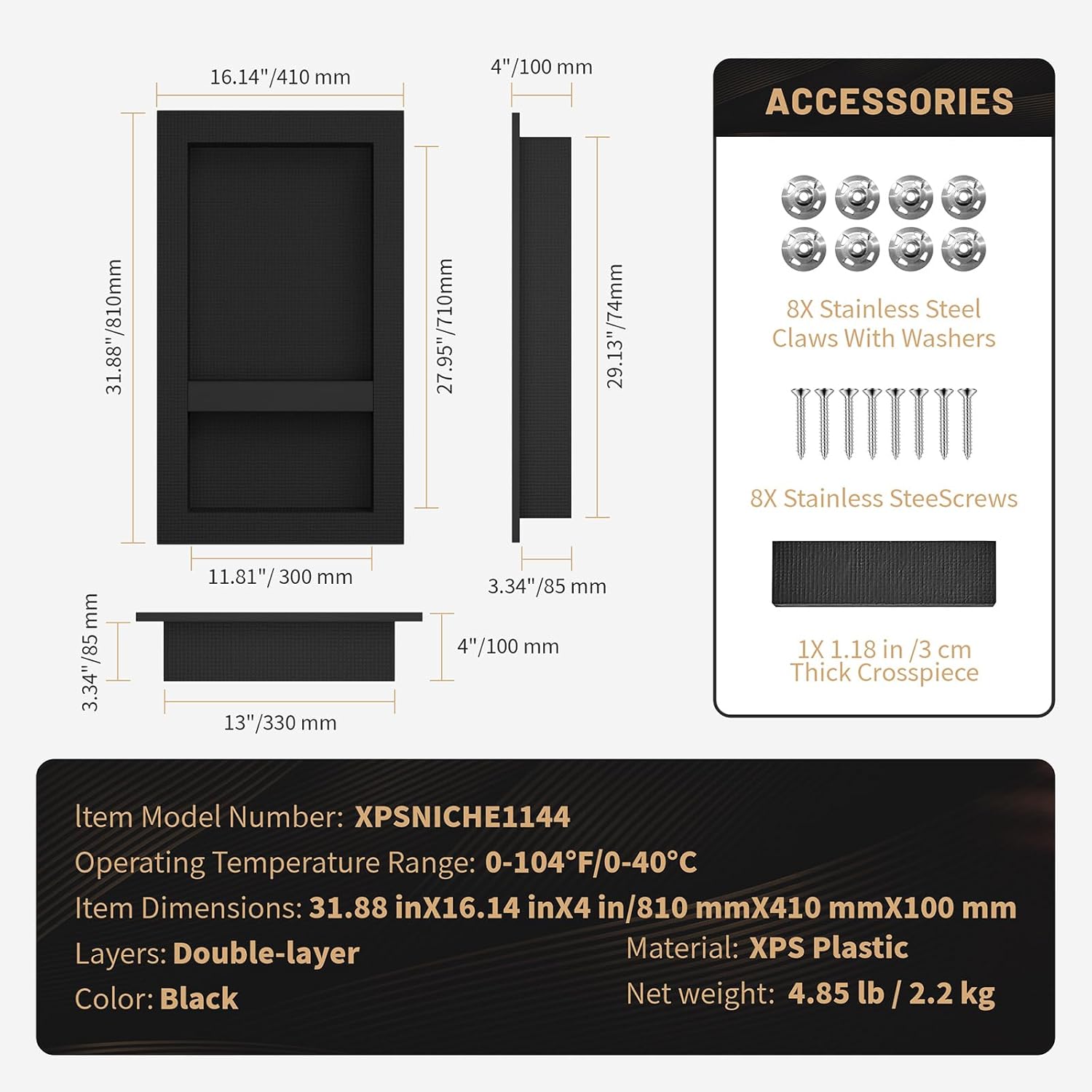 XPS Shower Niche Insert Tile Ready 16" x 32", Niche for Shower Wall, Black Niche Wall Shelf, Shower Boxes with Removable Shelf