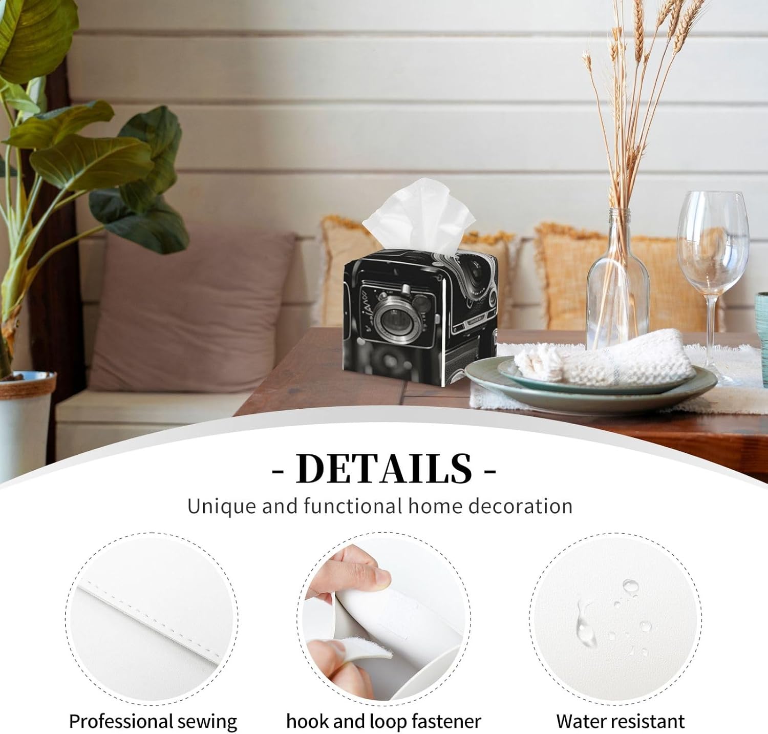 Pu Leather Cube Tissue Box Holders Modern Waterproof Square Tissue Box Cover Vintage Camera Facial Paper Holder for Bathroom Kitchen Nightstand Office Home Decor image 4