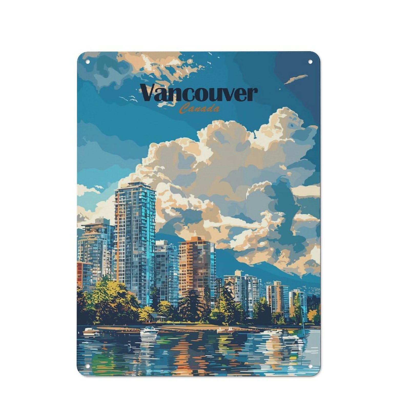 Junmoney Style-16 Vintage Tin Sign 40X30cm With Vancouver Skyline For Garage Or Workshop, For Metal Sign Collectors, For Cafés, Pubs And Restaurants