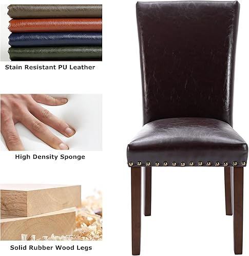 Miniatura 6 de COLAMY - Juego de 2 sillas de comedor tapizadas Parsons, sillas de cocina y comedor de piel sintética con adornos de cabeza de clavo y patas de