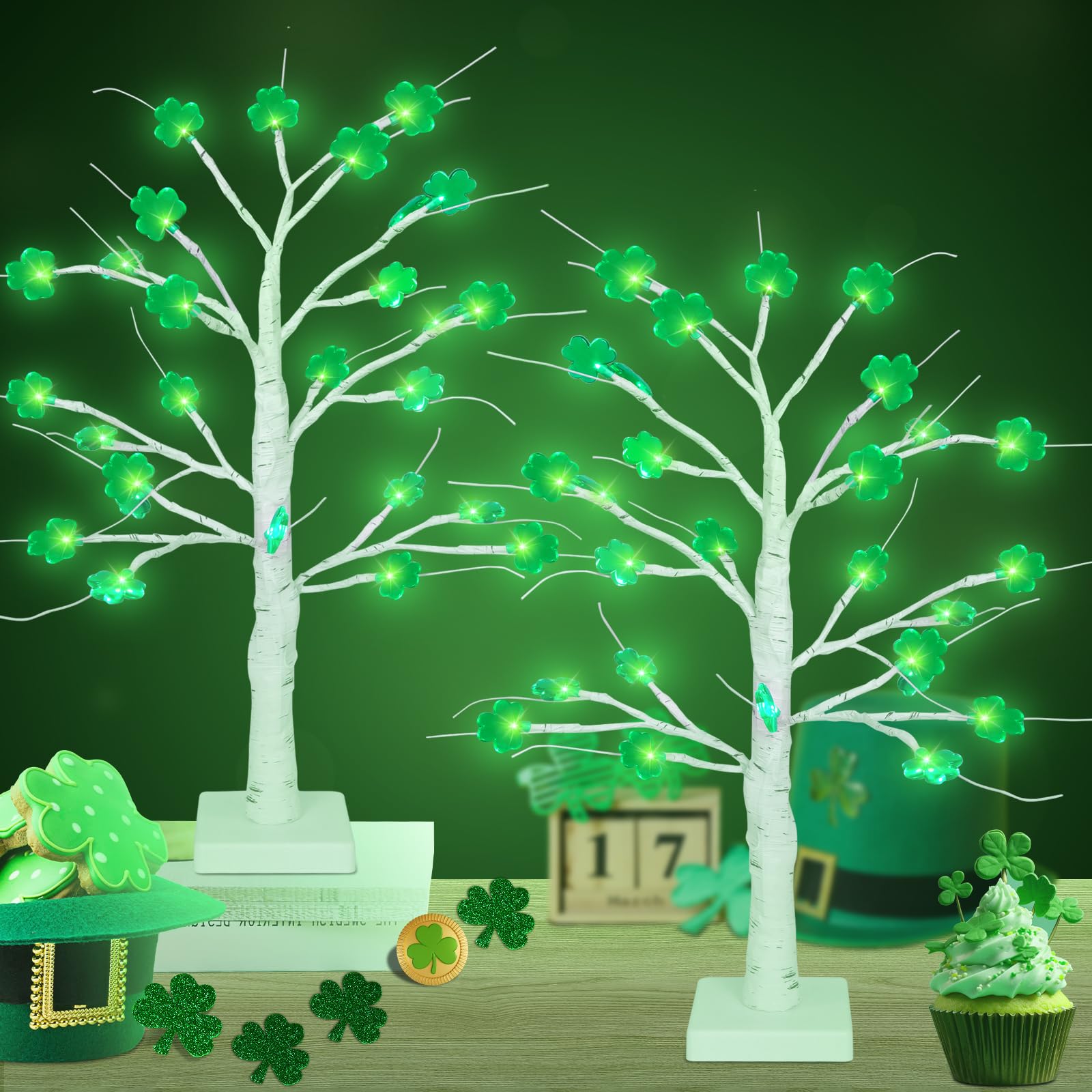 Photo 1 of 2 Pack 24 Inch Shamrock Tree Lights St Patricks Day Decorations with Timer, Saint Patricks Day Decor Lighted Tree with 24 LED Shamrock Lights, St. Patrick's Day Lights for Home Table Party 24N-TREE-2PACK