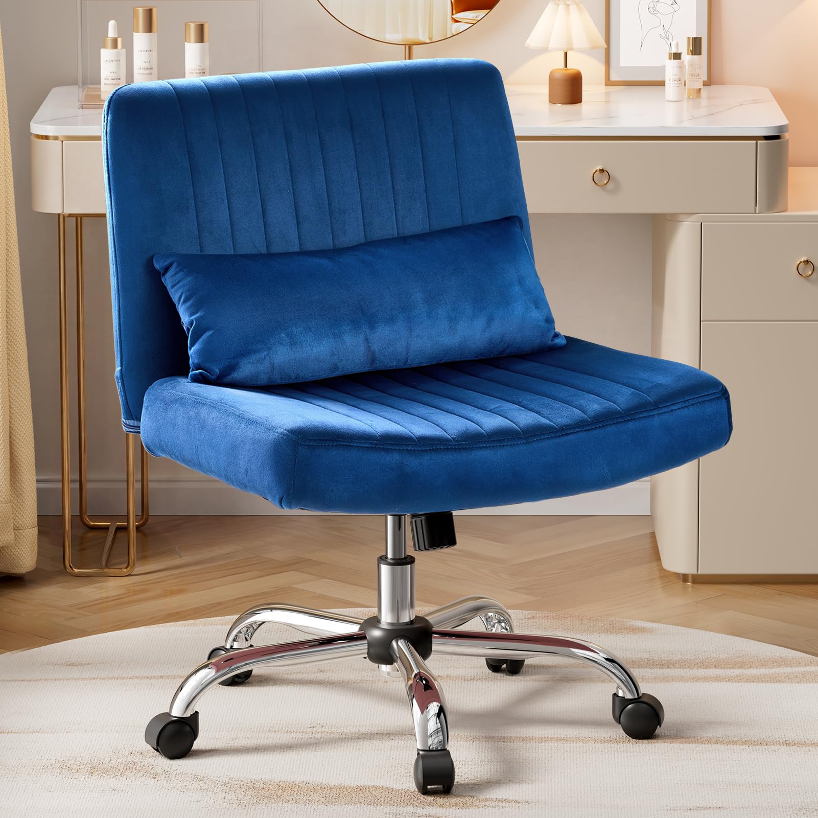 Warmiehomy Velvet Criss Cross Chair with Wheels, Cross Legged Office Chair, Comfy Desk Chair for Home Office, Ergonomic Computer Chair, Wide Seat