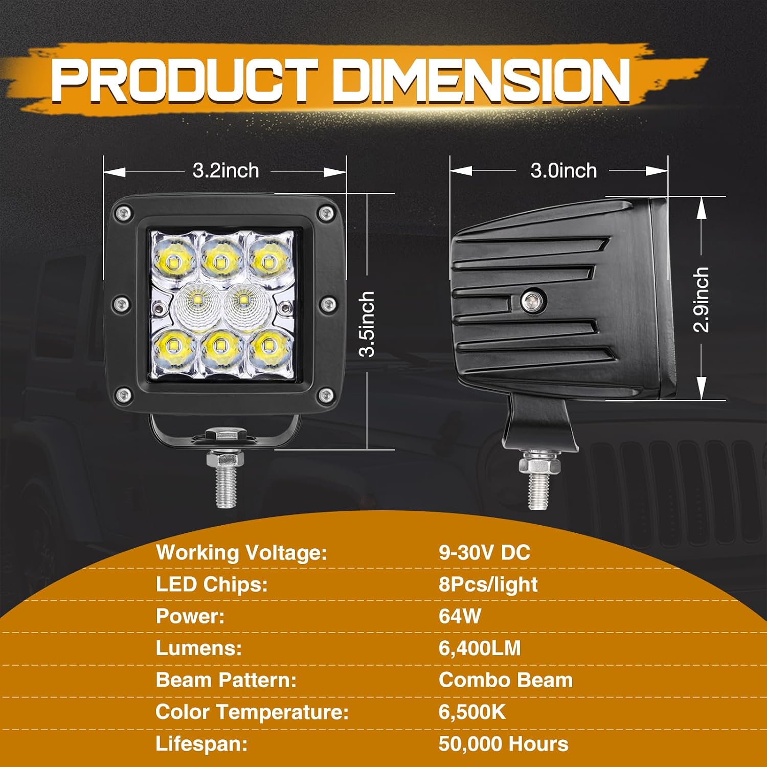 LED Cubes 2Pcs 3 Inch 80W LED Pods Light Off Road Spot Flood Combo Square Driving Fog Lights Work Ditch Light Bumper Bar for Trucks ATV UTV SUV Boat