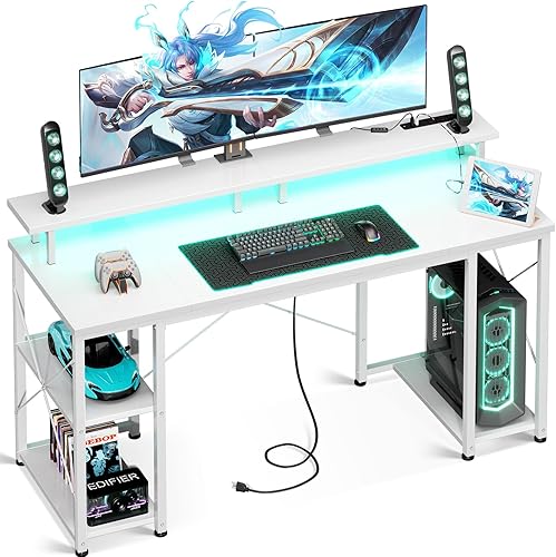 Miniatura 9 de ODK Escritorio para juegos de 55 pulgadas con luces LED y tomas de corriente, escritorio para computadora con soporte para monitor y estantes de