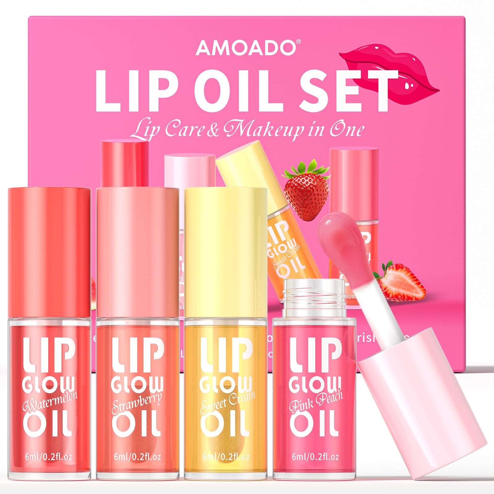 AMOADO Lip Oil, Tinted Lip Glow Oil – Hydrating & Nourishing, Lip Oils Gift Set, Fruity Lip Oils Gloss Non-Sticky & Glossy Finish, 4 Colors Lip Gloss for Girls and Women - Party Favor