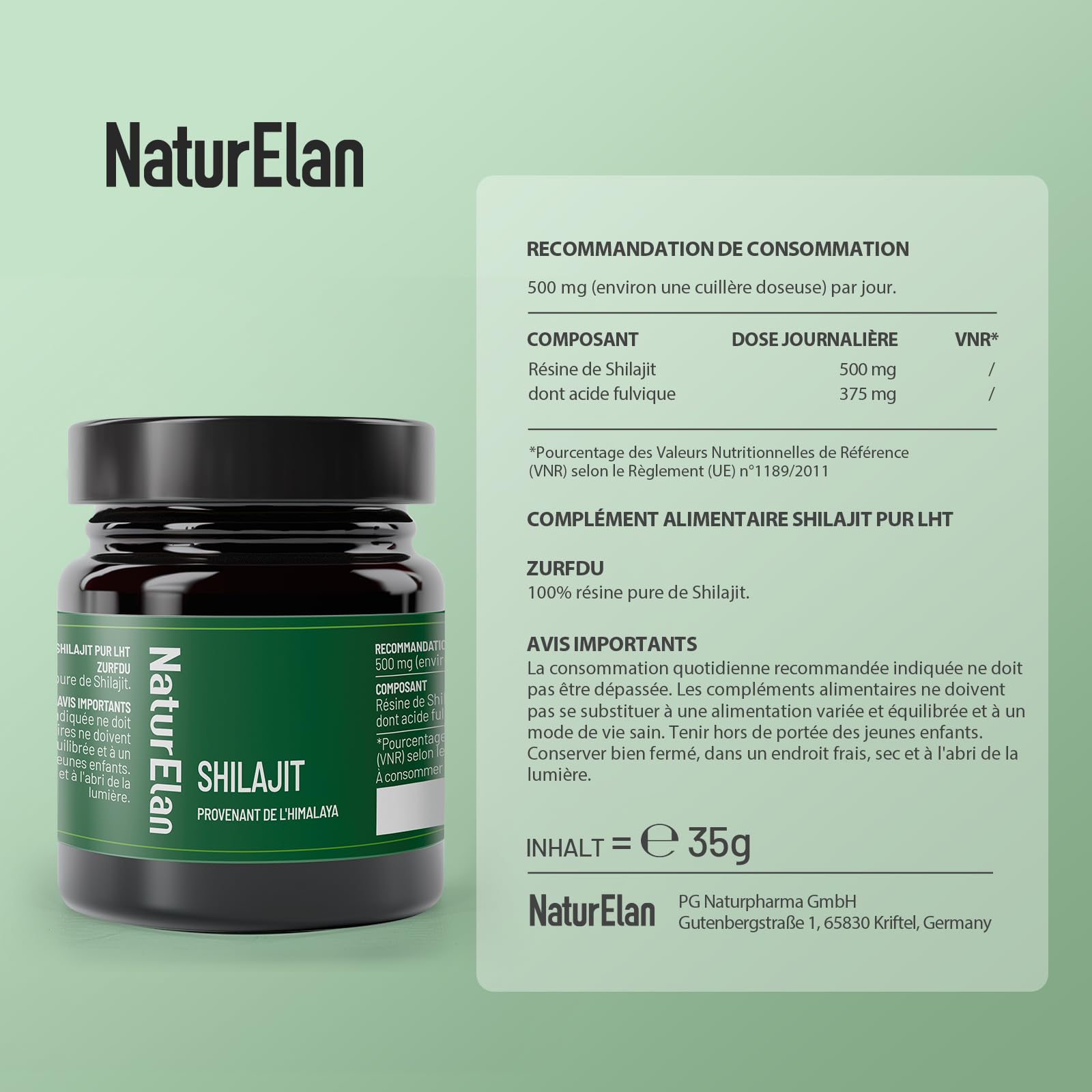 Shilajit Pure Himalaya - 75% d'acide fulvique hautement dosé - 35g avec acide humique naturel et minéraux, approvisionnement pour 70 jours, végétalien et sans additifs, produit en Allemagne
