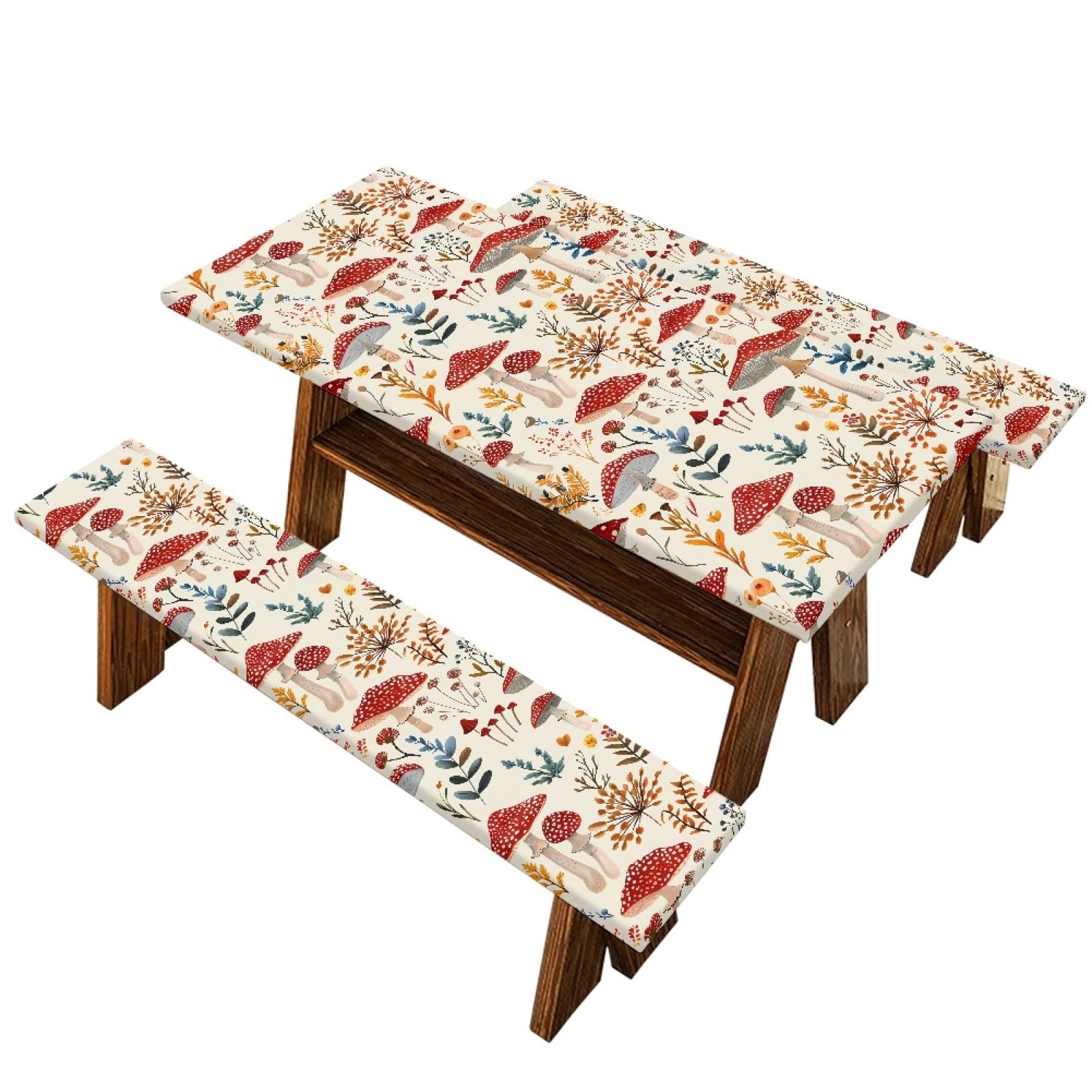 Mintulipy Mushrooms Picnic Table Cover with Bench Covers for Camping Party Supplies Outdoor Picnic Table Cloths with Elastic Band 3PCS