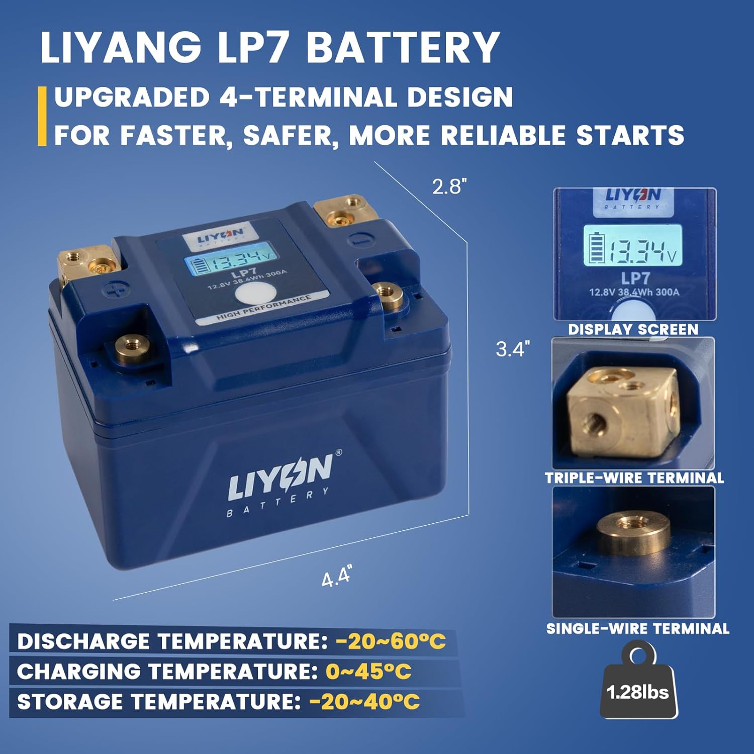 LIYON BLP7 Lifepo4 Lithium 12V 3Ah Powersports Starter Battery with Display Screen, Start Power 300A 210 CCA(-25°C) for Motorcycles 125-450cc, Sportbike 250-500cc, ATV 150-450cc, UTV 170-300cc