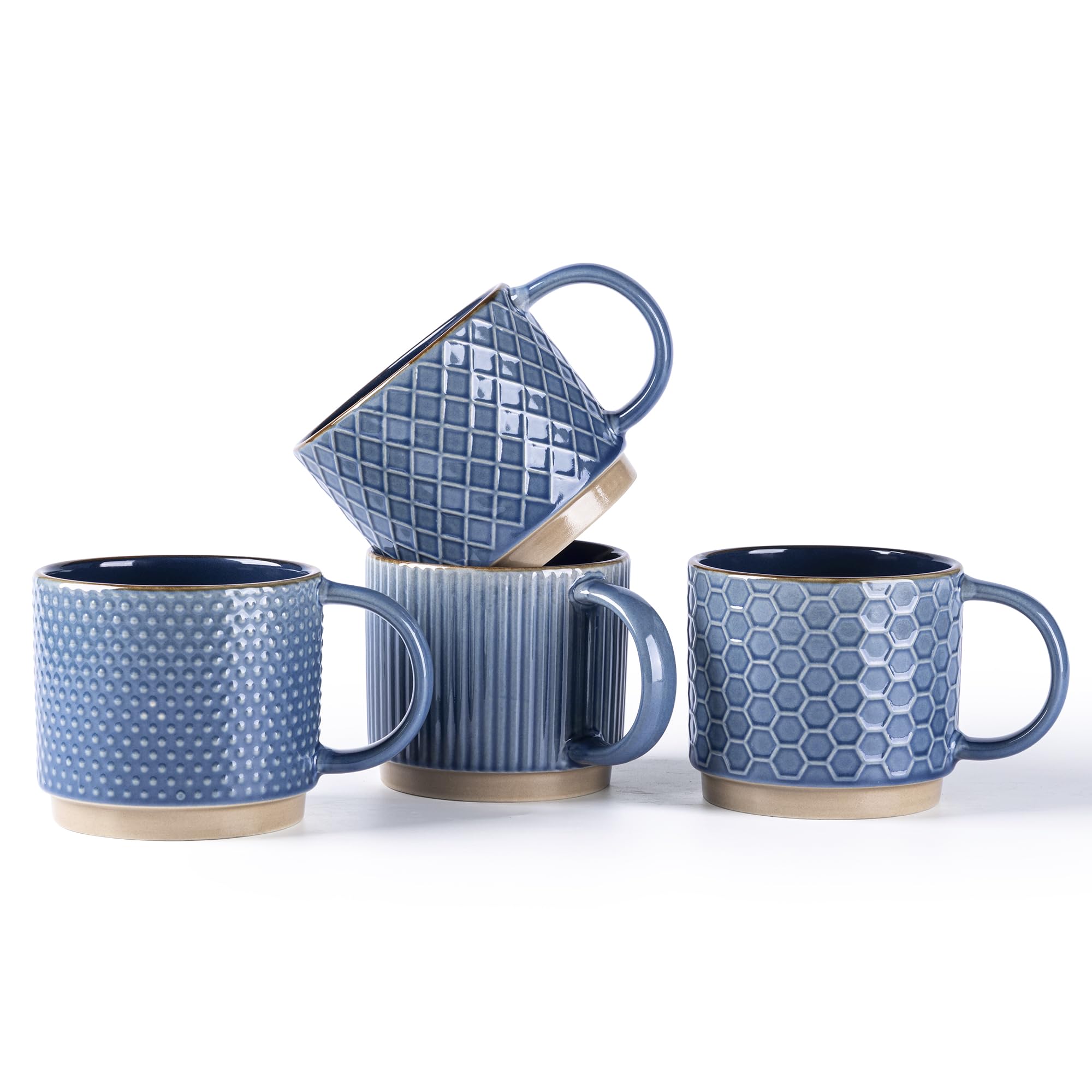 Photo 1 of GBHOME 6 OZ Stackable Coffee Mugs, Ceramic Coffee Mugs with Texture Patterns for Man,Woman,Dad,Mom, Modern Coffee Cups Set of 4 for Espresso/Cappuccino/Cocoa. Dishwasher&Microwave Safe, Moonlight Blue