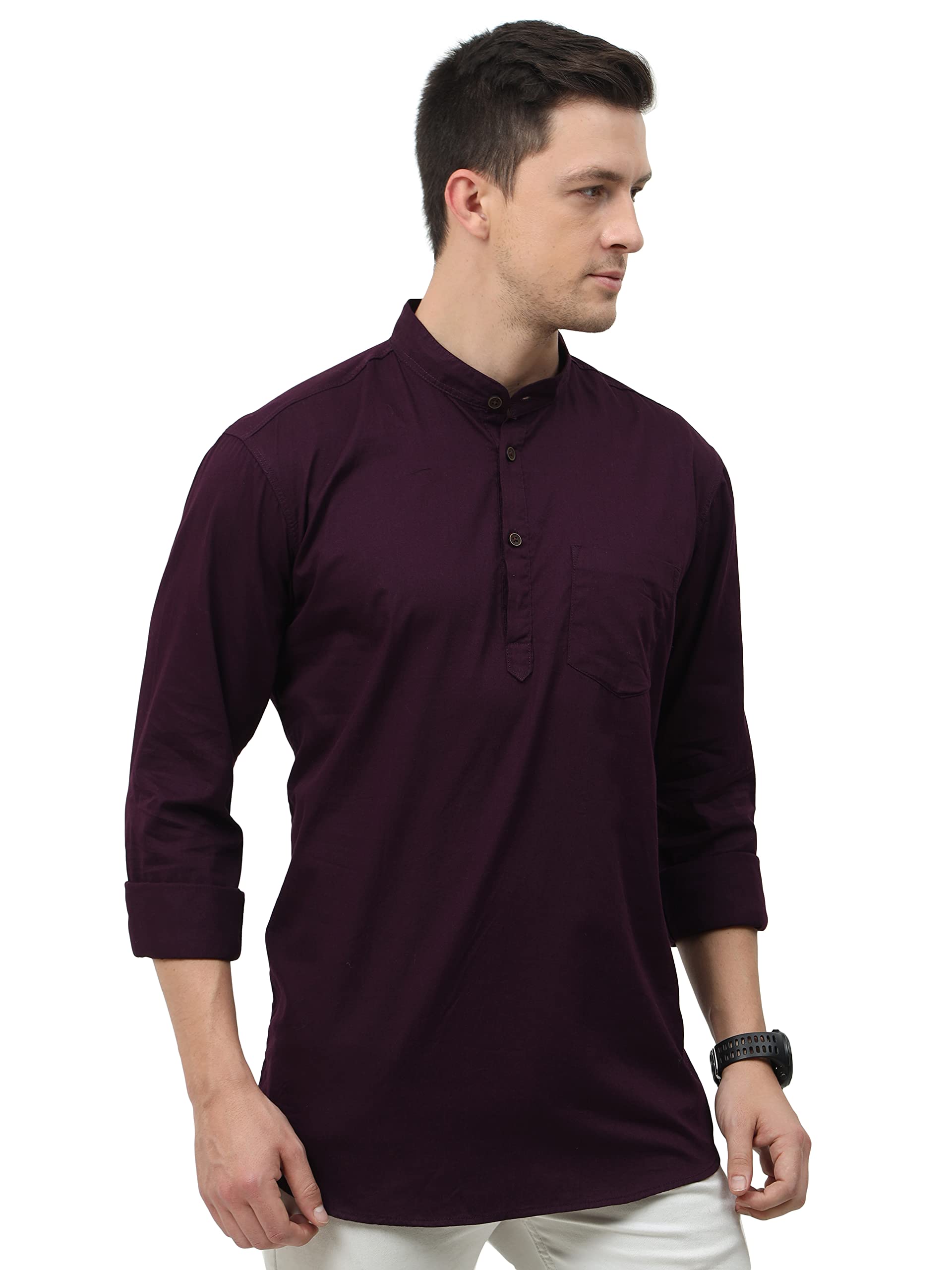 Miraan Men's Casual Cotton Short Kurta Shirt with Mandarin Collar (SIGSHORTKURTAPURPLEXL_Purple_X-Large), Regular Fit - Image 3 thumbnail