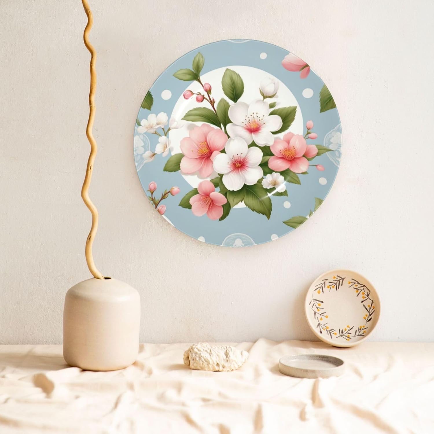 Cherry-Blossoms-Peach-Floral 10 Inch Decorative Plate With Stand, Elegant Display Wall Plate For Home Decor