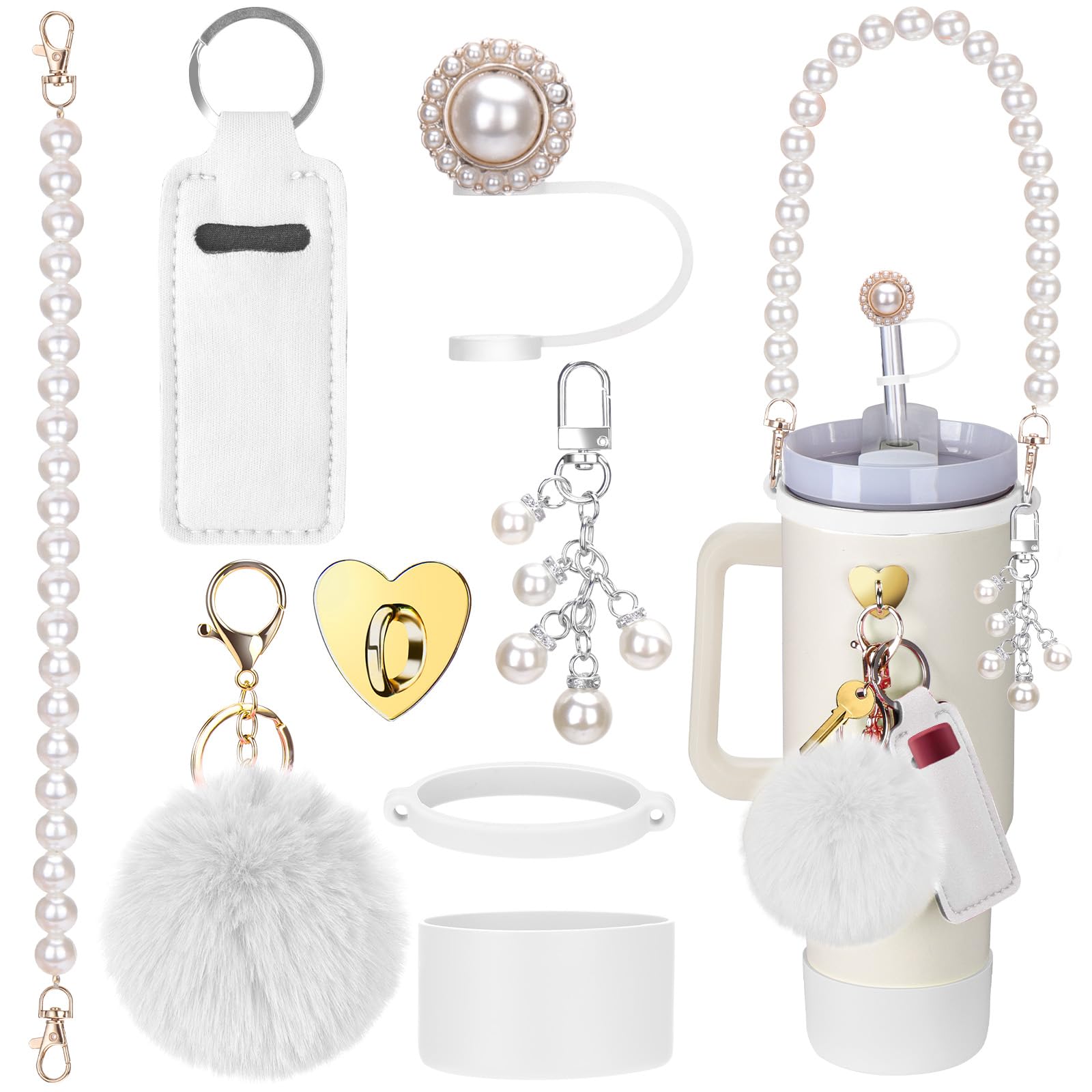 Mity rain 8PCS Cup Accessories for Stanley Cup 30oz 40oz Tumbler with Handle, Including Water Bottle Handle Strap, Chapstick Holder, Boot, Charms,