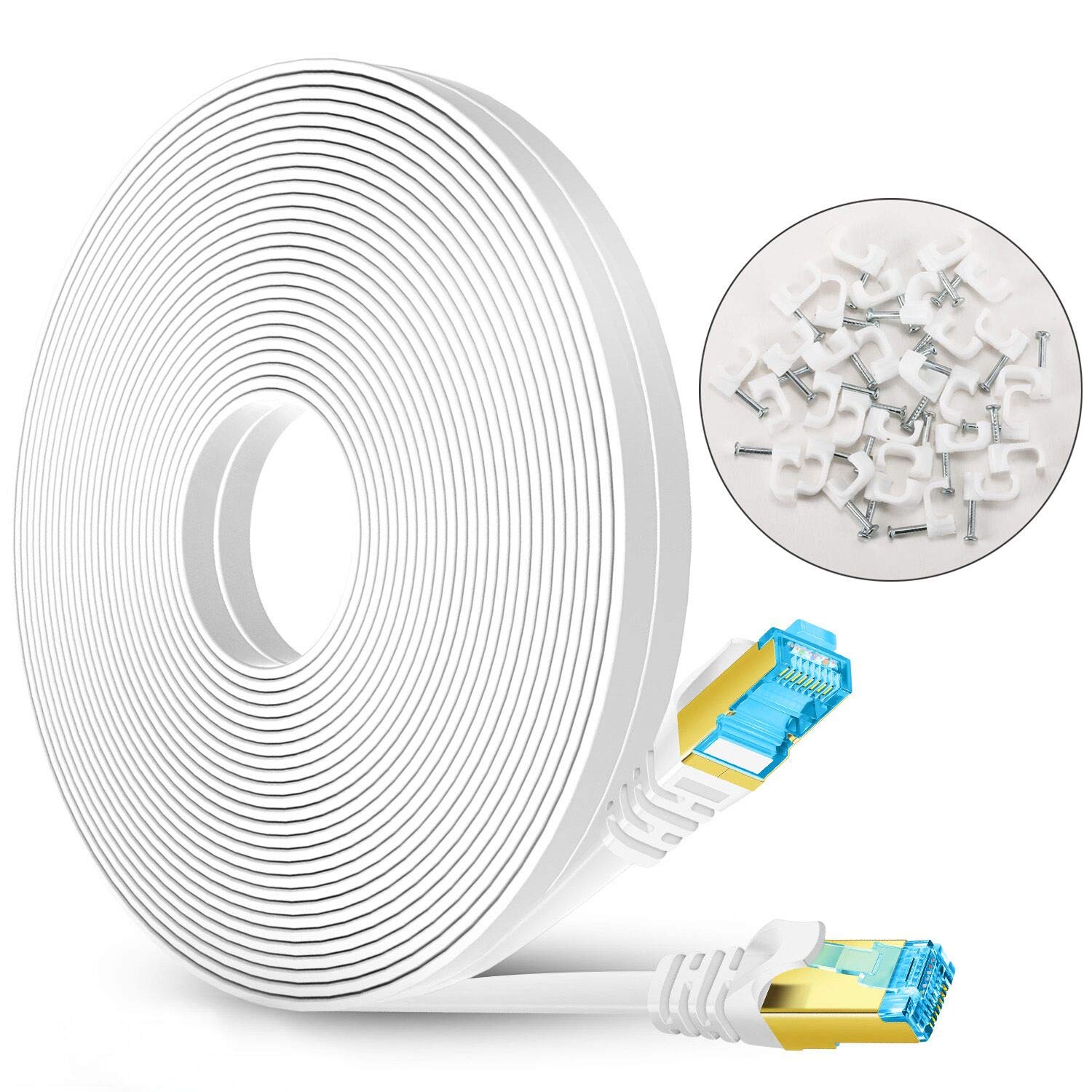 Cat 7 Ethernet Cable 25 ft White,Gigabit Shielded Solid Flat RJ45 Connectors High Speed Computer Internet LAN Network 25ft Ethernet Slim Cable Cord for Router, Modem - Faster Than Cat5e/Cat5/Cat6