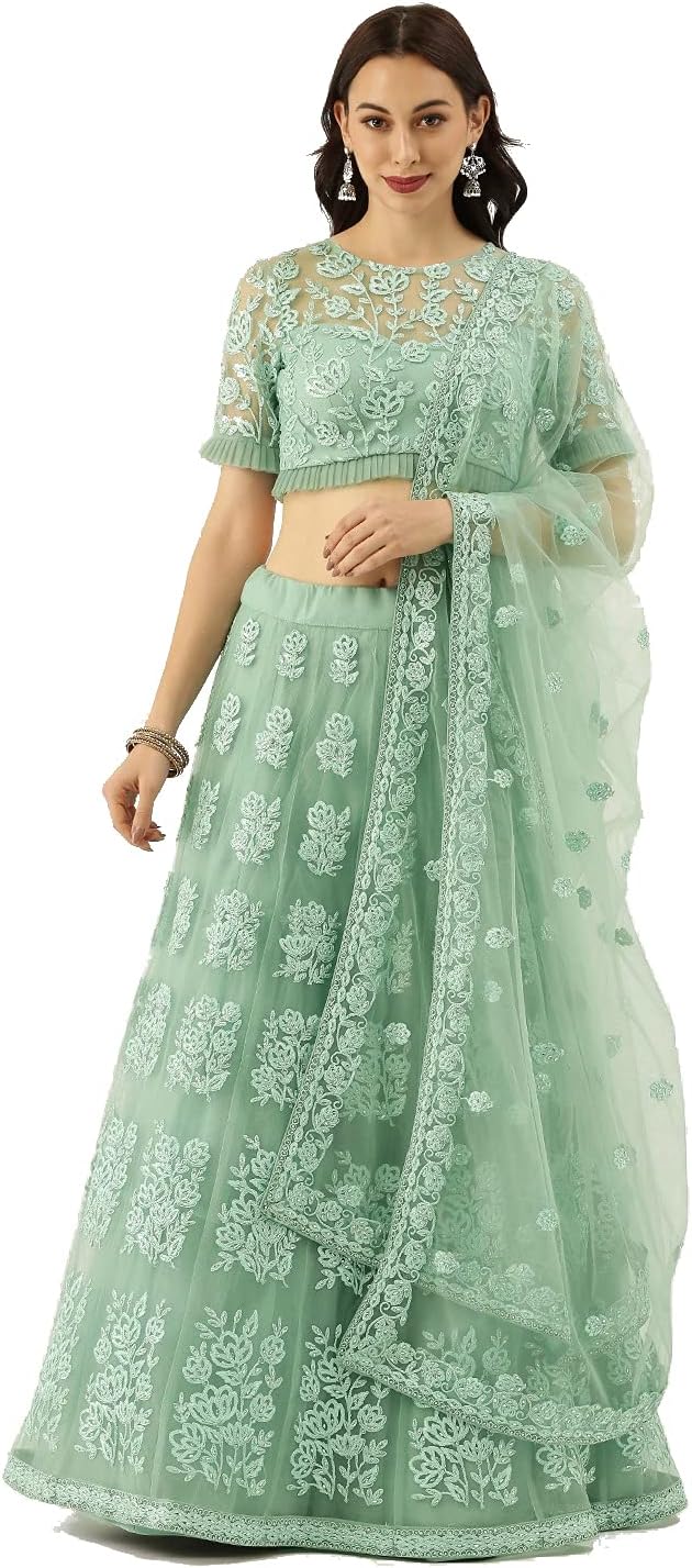 Fast FashionsWomen's Net Semi-Stitched Lehenga Choli (FF-30082021(1)_Seafoam Green_Free Size)
