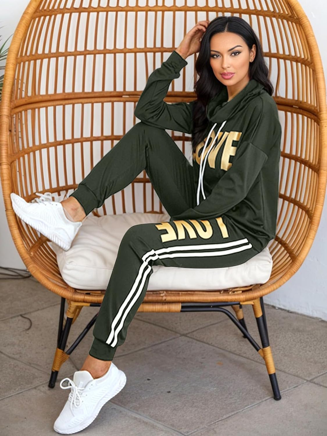 Angsuttc Women's Letter Print 2 Piece Outfits Cowl Neck Long Sleeve Sweatshirt and Pants Set Tracksuit - Image 7