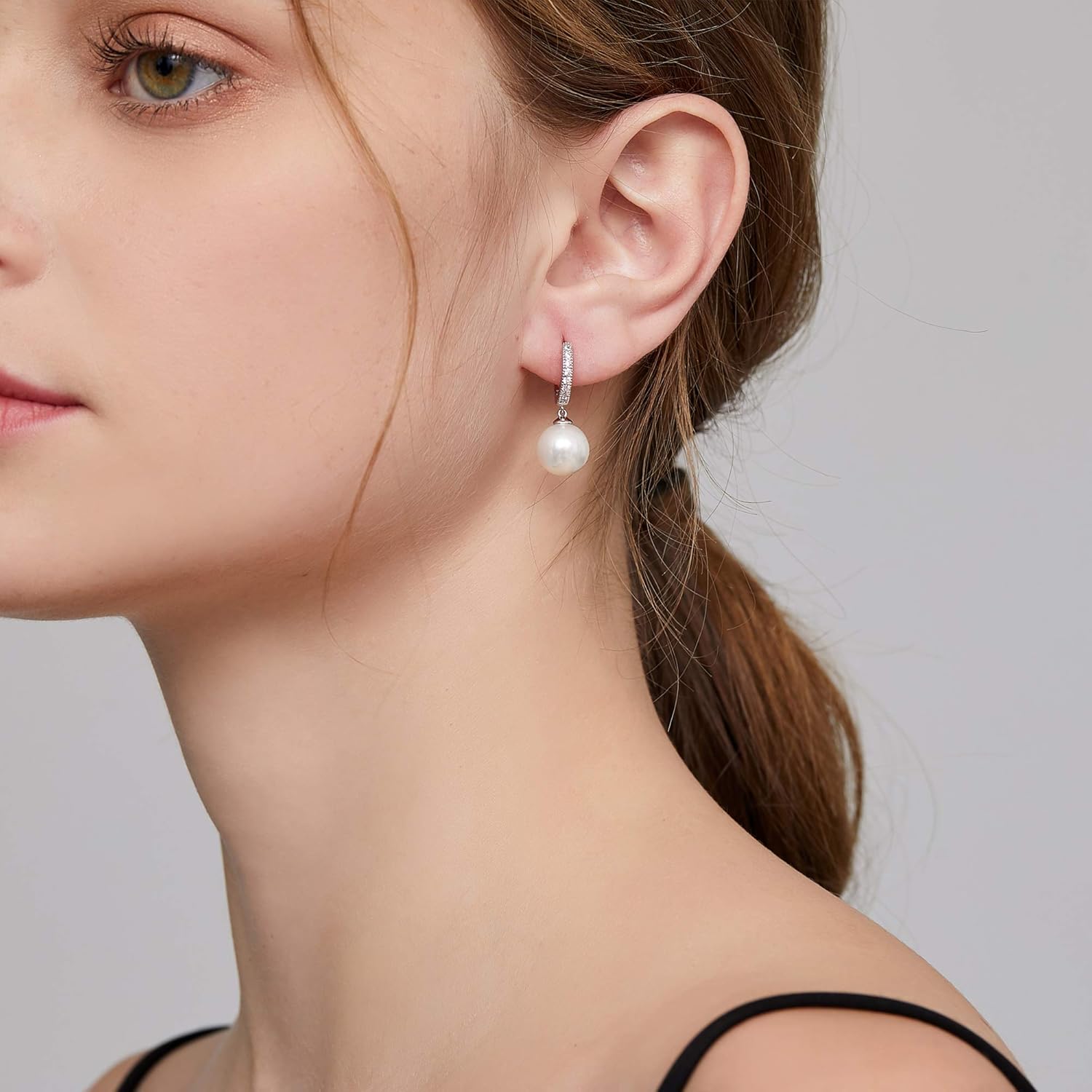 Jiamiaoi 18k White Gold Plated Pearl Earrings, 925 Sterling Silver Pearl Drop Earrings for Women Leverback Jewelry - Image 3