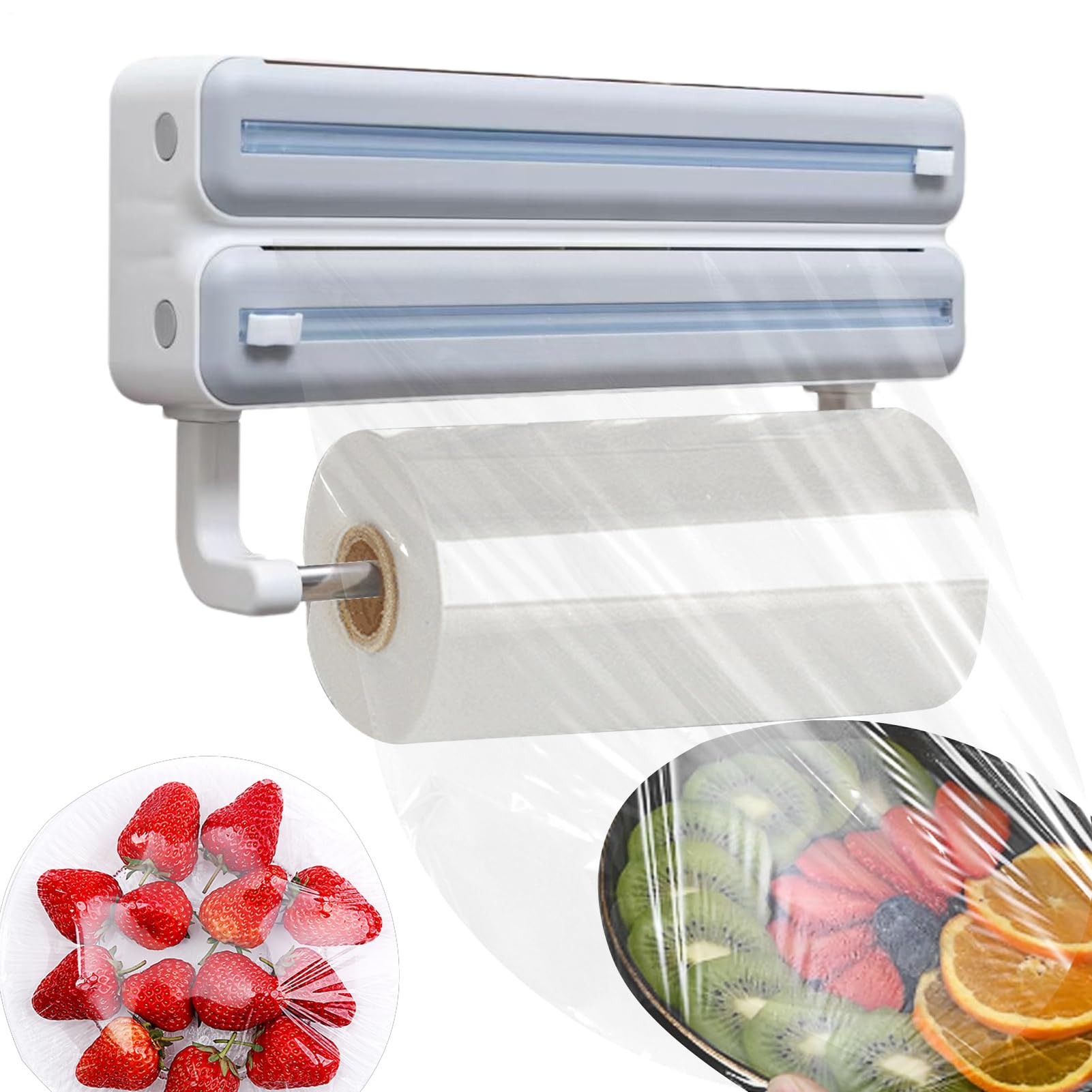 Dispensador de película Recargable – Soporte de Pared para Papel de Aluminio de Cocina, de Almacenamiento multirollo, Soporte de película de Corte con Estante para pañuelos, Ahorro de Espacio en