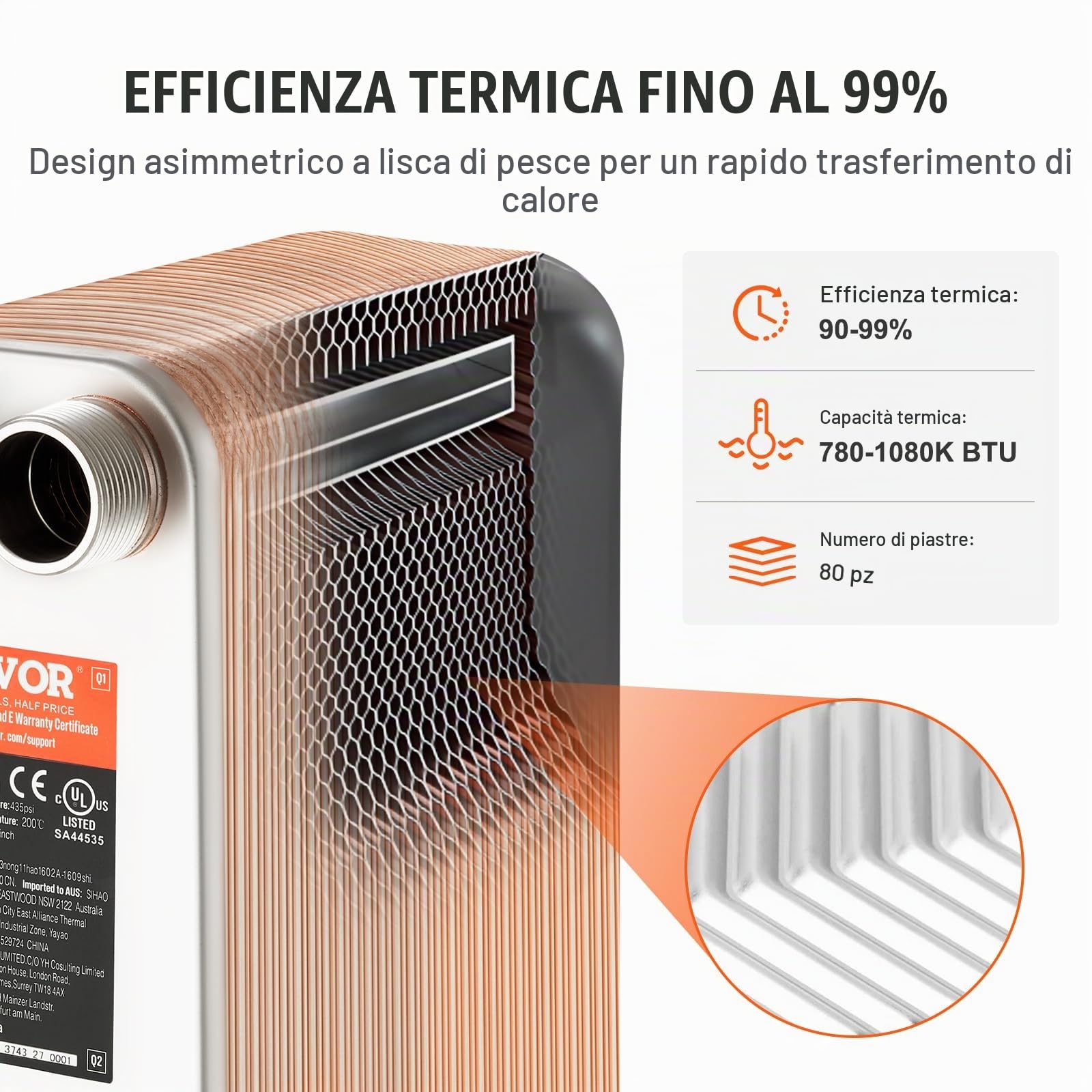VEVOR Scambiatore di Calore, Piastre Brasate in Rame o Acciaio Inossidabile 316 L 127x305 mm, 80 Piastre, per Riscaldamento a Pavimento, Riscaldamento Acqua, Scioglimento Neve, Raffreddamento Birra