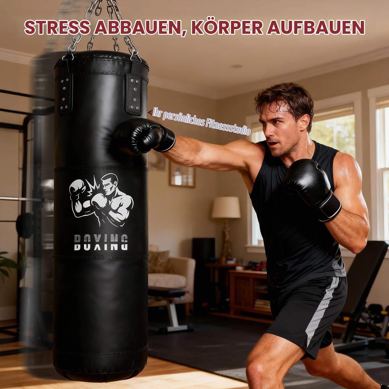 Qoosea Boxsack für Erwachsene, 4FT Schwere Boxsack Hängend mit 17OZ Boxhandschuhen und Boxsackaufhänger, Sandsack Boxen für Männer Kickboxsack Gefüllt für Üben Karate MMA Training - Ungefüllt