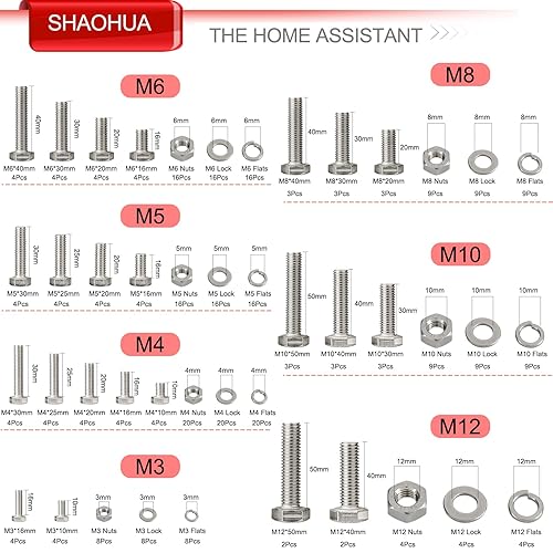 Miniatura 2 de SHAOHUA Kit surtido de 328 tornillos métricos M3M4M5M6M8M10M12, kit surtido de tornillos y tuercas de cabeza hexagonal plana de acero inoxidable