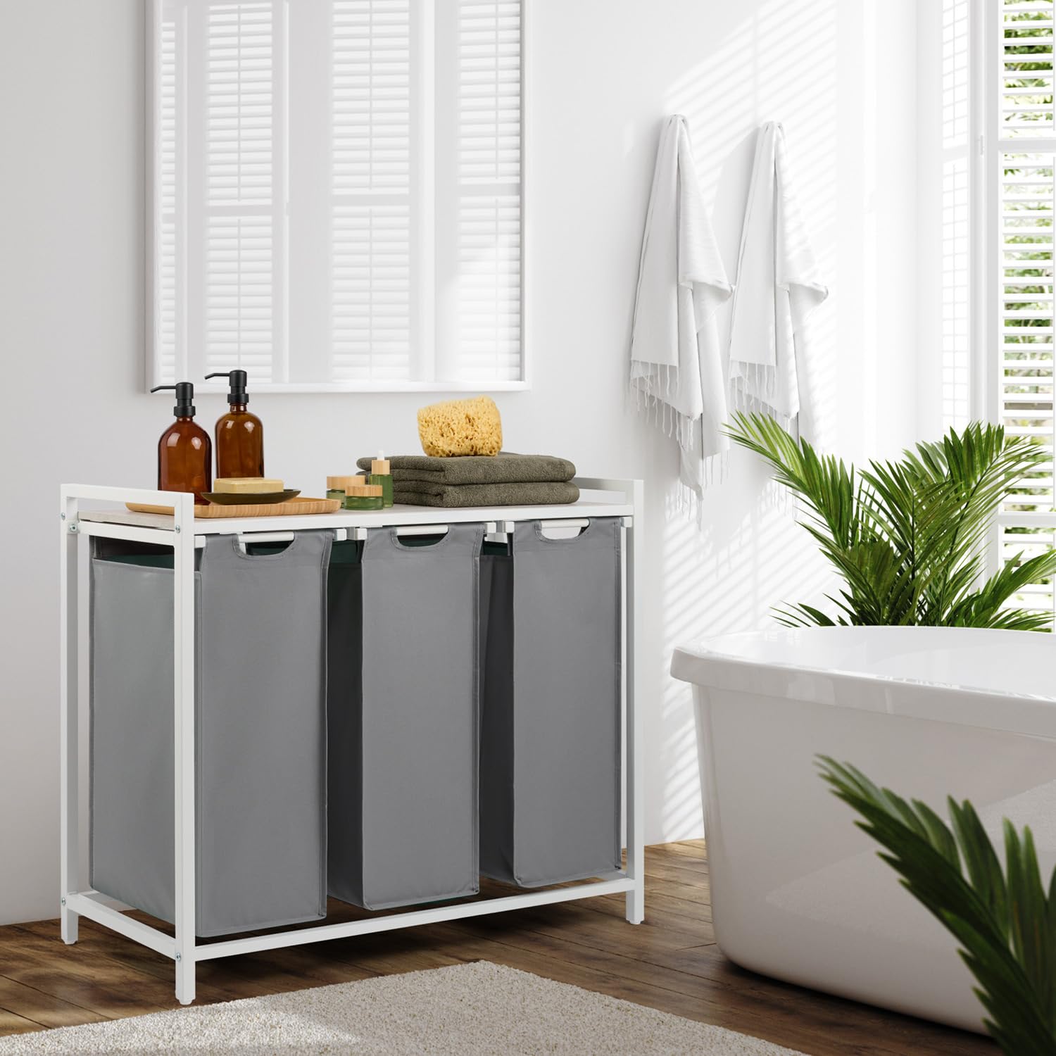 Blumtal cesto biancheria sporca 3 scomparti in grigio per organizzare - cesta portabiancheria design scomparti estraibili con ripiano superiore in materiale effetto cemento - struttura in metallo nero