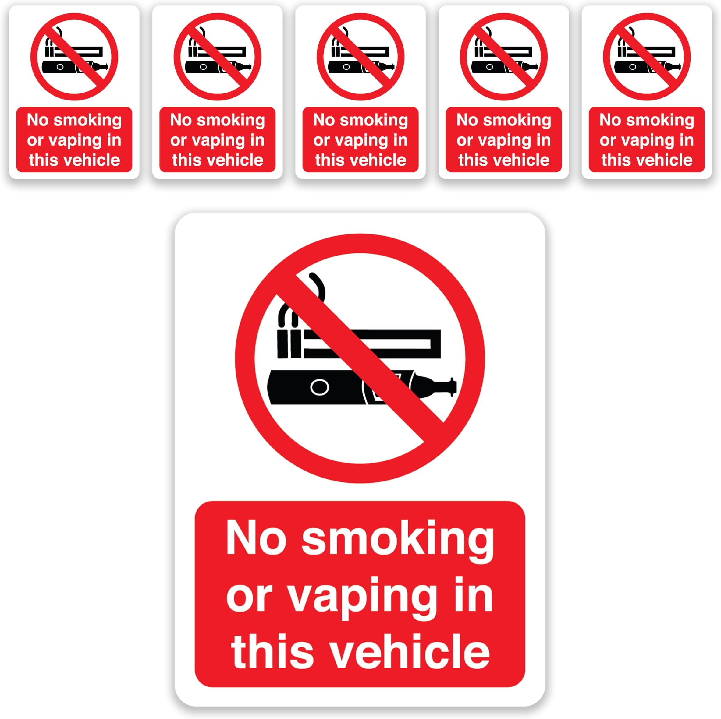 6 x No Smoking Signs for Vehicles | 100 x 75 mm Self Adhesive, Durable, & Weatherproof No Smoking Signs for Taxi Car | BS EN ISO 7010 Compliant