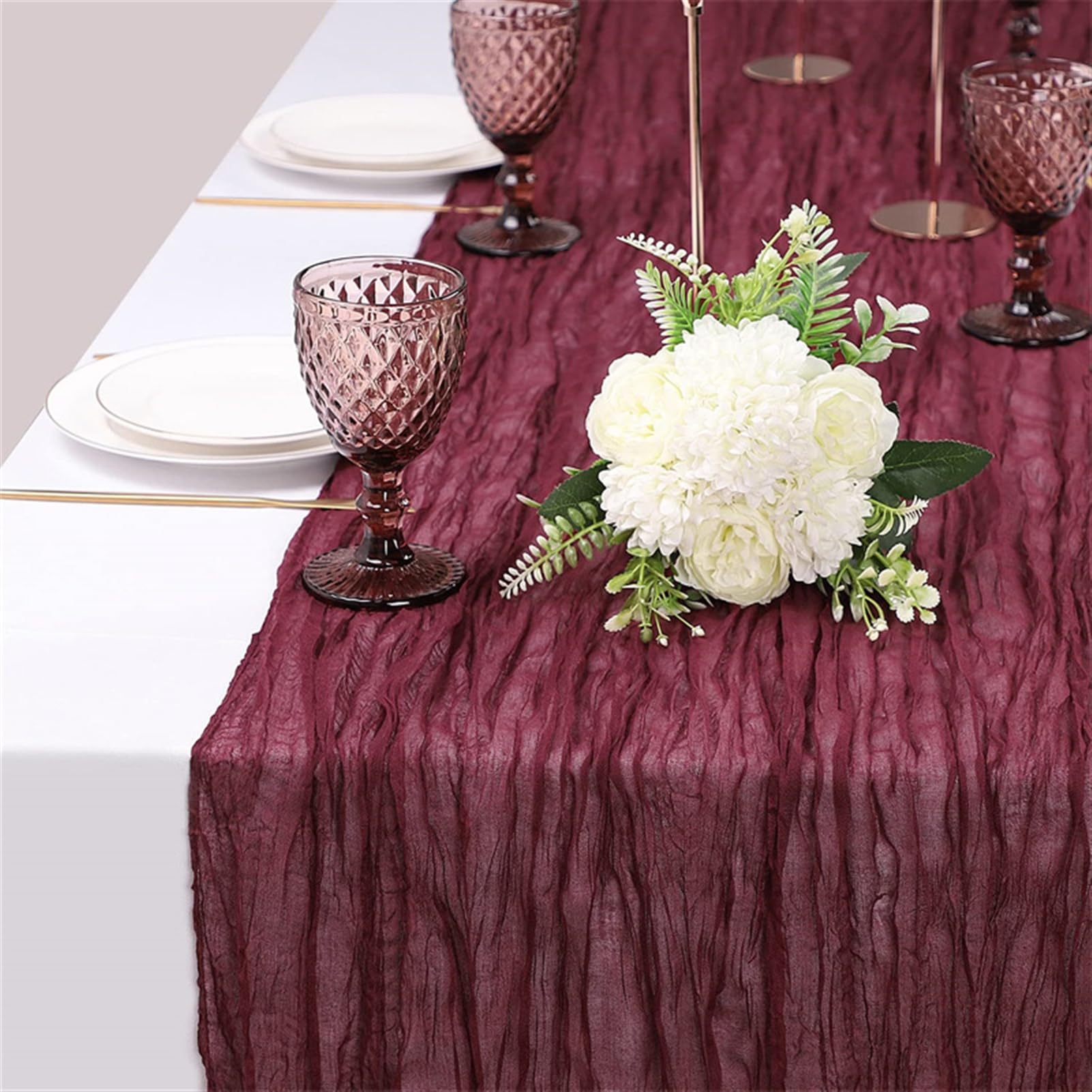 Chemin de table en étamine vin rouge 90x400cm Icegrey pour décoration bohème