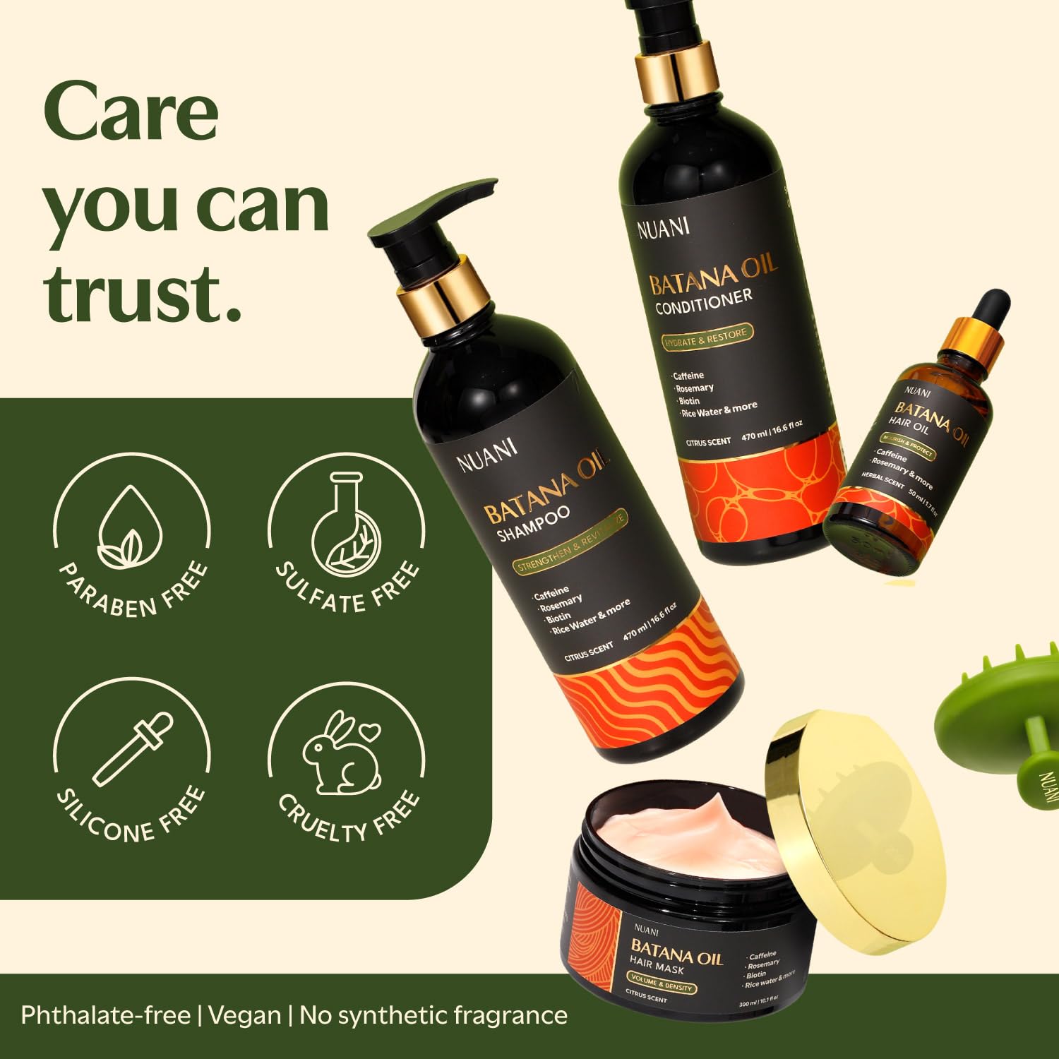 Batana Oil Shampoo and Conditioner Set (16 fl oz / 470 ml) with Rosemary & Caffeine | Includes Deep Mask, Hair Oil & Silicone Scalp Massager | Sulfate-Free, Paraben-Free for Fuller-Looking Hair.