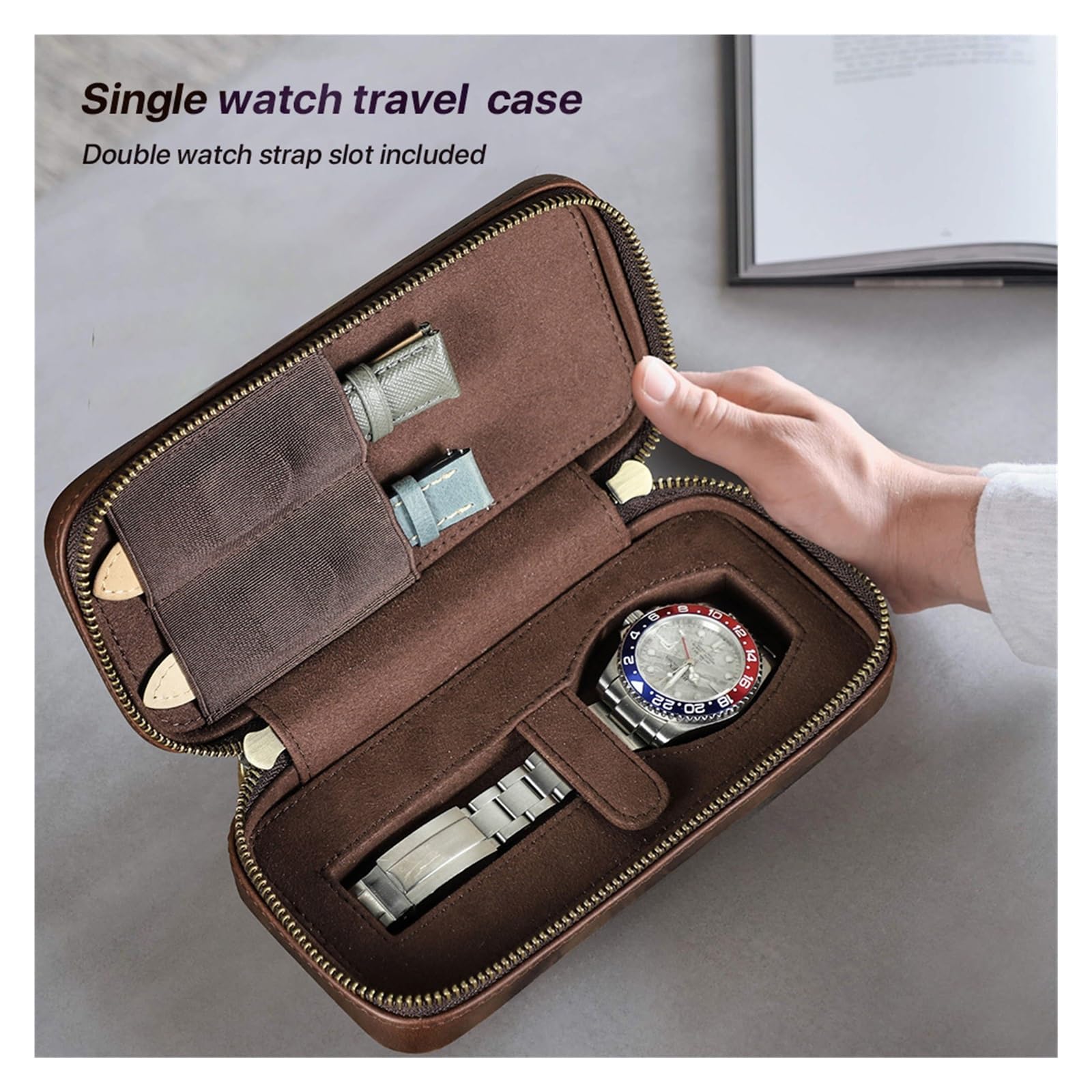 1 Stück Retro-Leder-Uhrengehäuse mit 2 Riemenschlitzen | Bewahren Sie Uhr und Armbänder for Reisen und die tägliche Aufbewahrung auf.