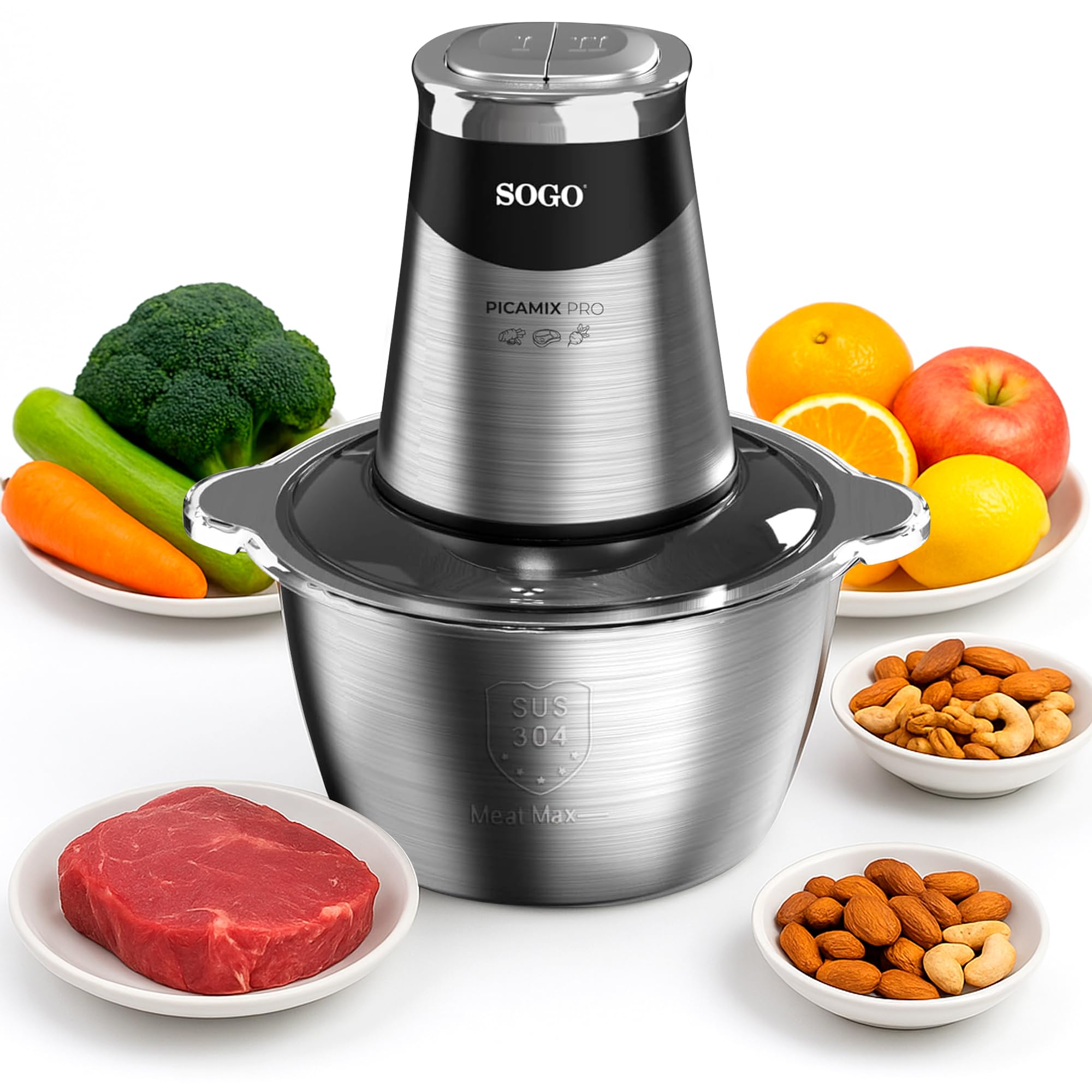 Sogo Picadora Eléctrica con Función de Doble Velocidad - Picadora de Carne, Verduras, Frutas, Frutos Secos - Procesador de Alimentos con 4 Cuchillas Afiladas y Eficientes - Trituradora de Alimentos
