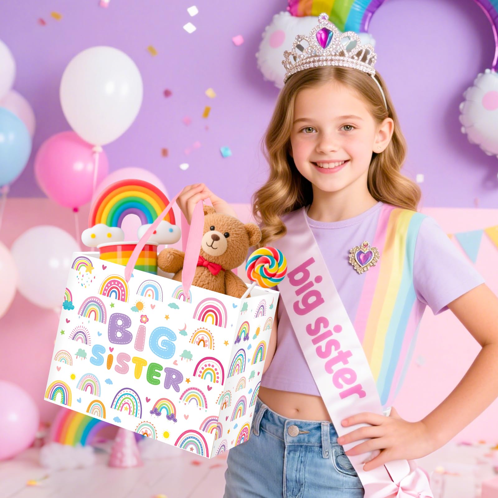 Big Sister Gift Bag for Girls, Cute Big Sister Gift Bag with Tissue Paper and Greeting Card Pink Wrapping Paper Cartoon Rainbow New Sister Party Decoration for Little Girl Birthday Party Supplies