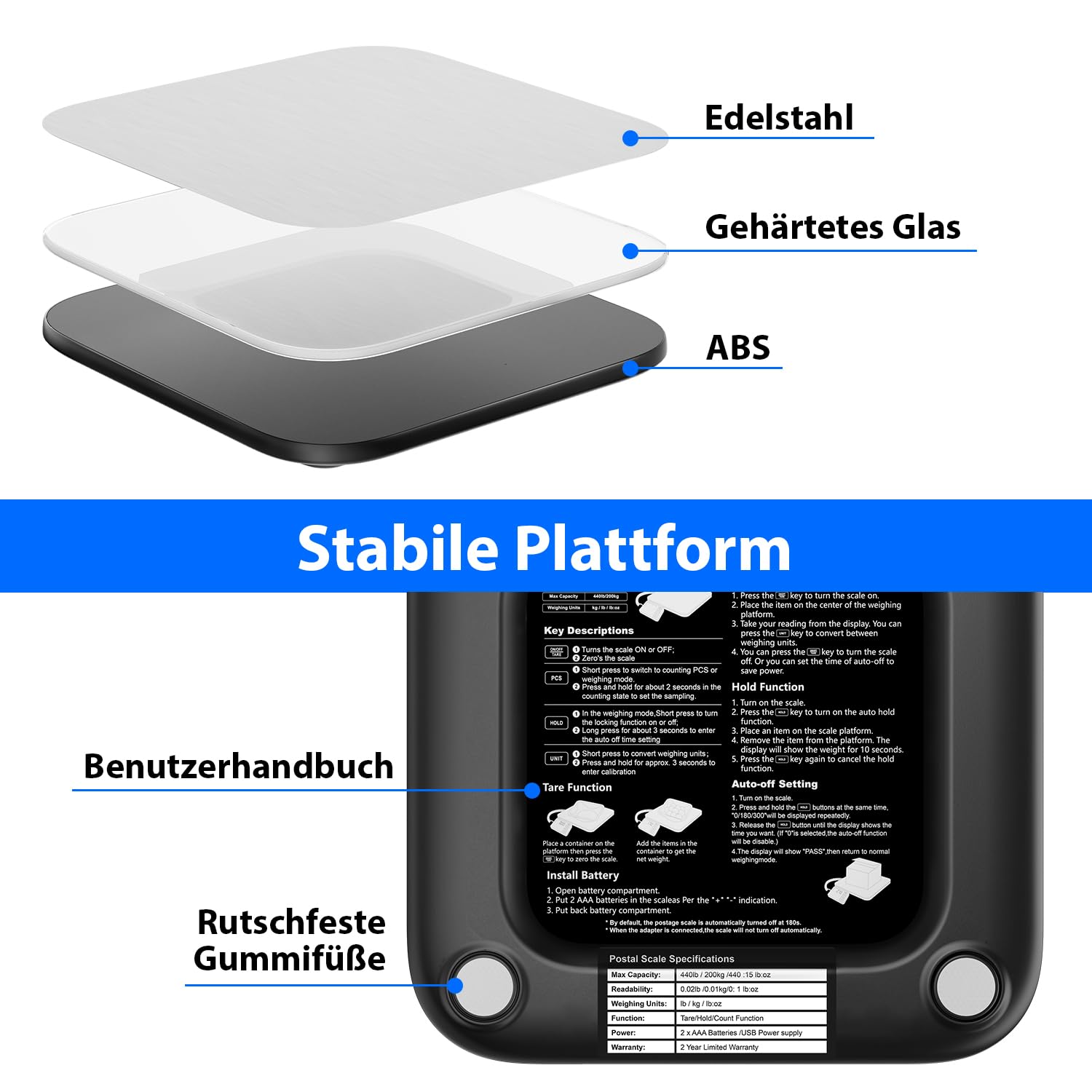 UNIWEIGH Paketwaage 440 lb/0,35 oz Genauigkeit, digitale Briefwaage für Pakete mit PCS/Halte/Tara Funktion, Plattformwaage für kleine Unternehmen, Gepäck, Heimgebrauch, Batterie und USB-A