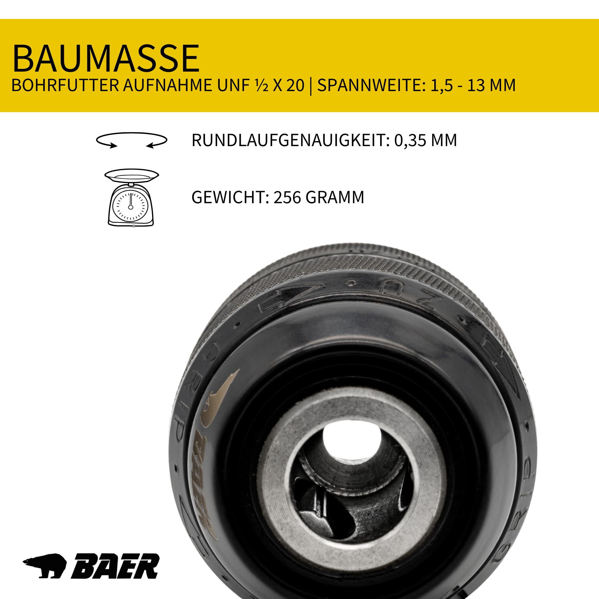 BAER Schnellspannbohrfutter 1,5–13 mm | 1/2-20 UNF | Schlüsselloses Ganzmetall Bohrfutter für Handbohrmaschine, Akku-Bohrmaschine & Bohrhammer | Selbstspannendes Präzisions-Spannfutter BaerCoil