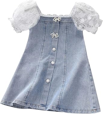 Moonker Toddler Kids Baby Girls Puff Sleeve Lace Mesh Dress Girl Denim Dresses Dresses Rustic Flower Girl Dress