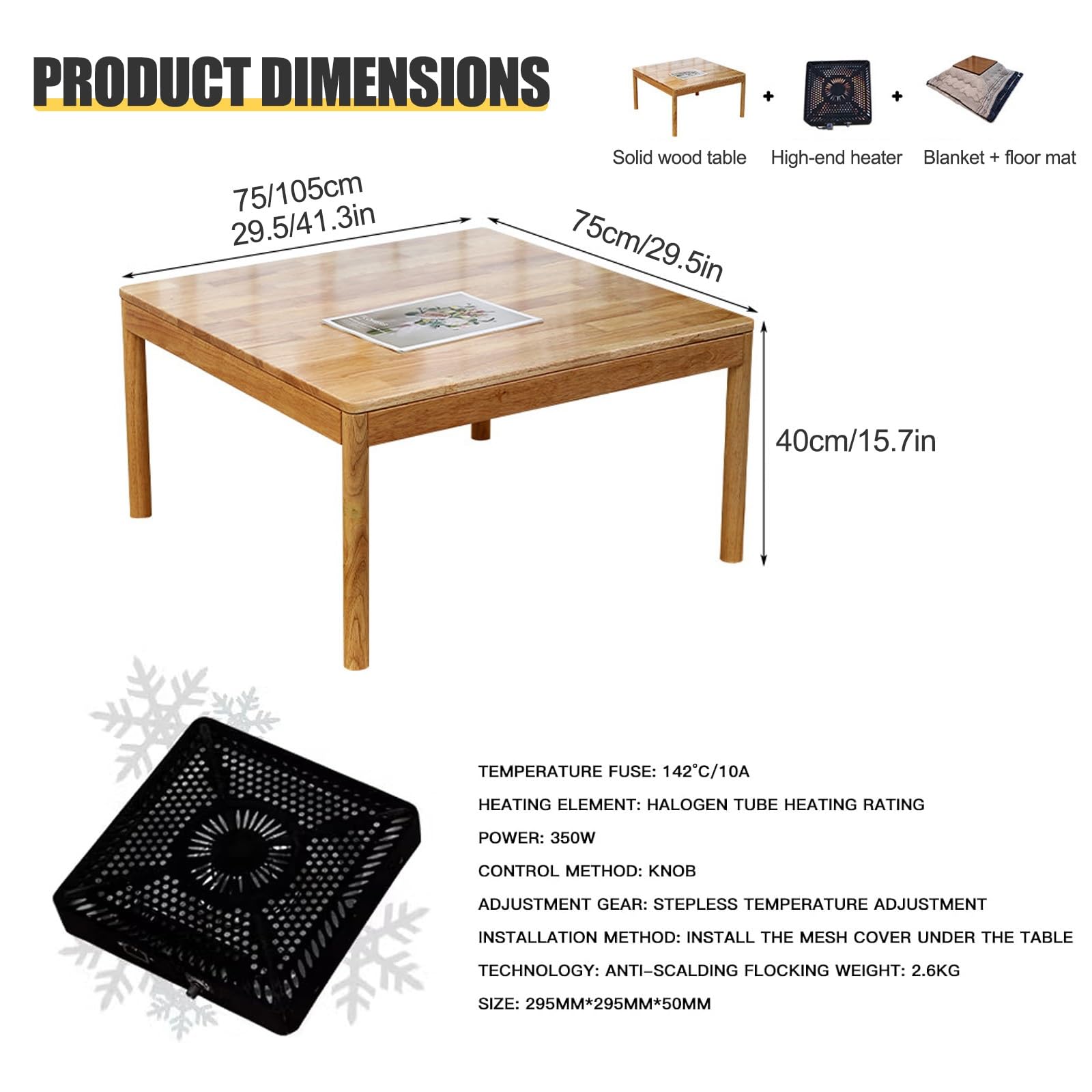 HARELA Tavolo Riscaldante Tatami Kotatsu Tavolino, Tavolino Riscaldamento per Riscaldamento Invernale, Tavolino da salotto, Legno massello, Regalo caloroso per la famiglia(Red,75x75cm/29.5x29.5in)
