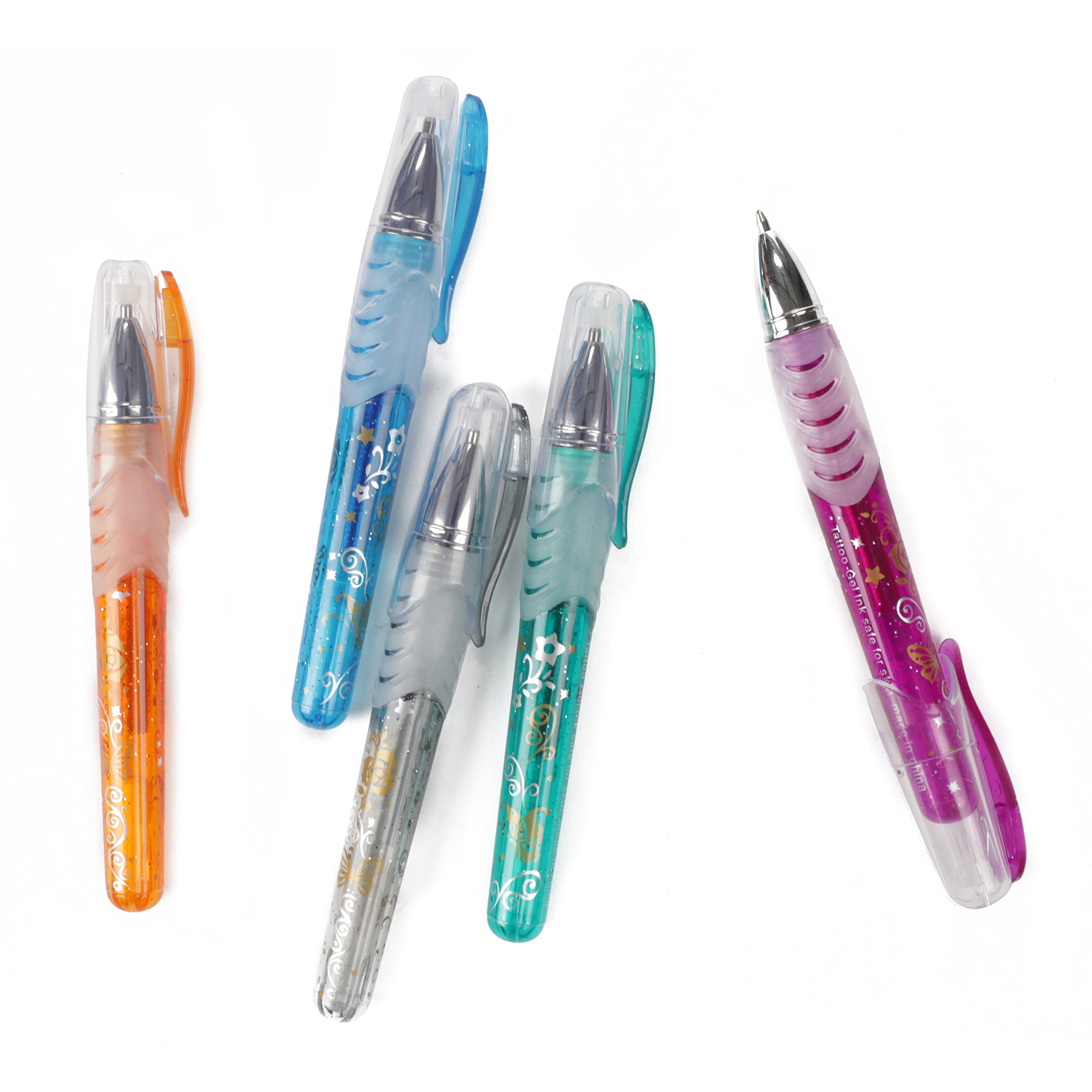 Kit Stylos Tatouage Temporaire Enfant - 5 Couleurs Pailletées - Avec Pochoirs - Lavable à L'Huile