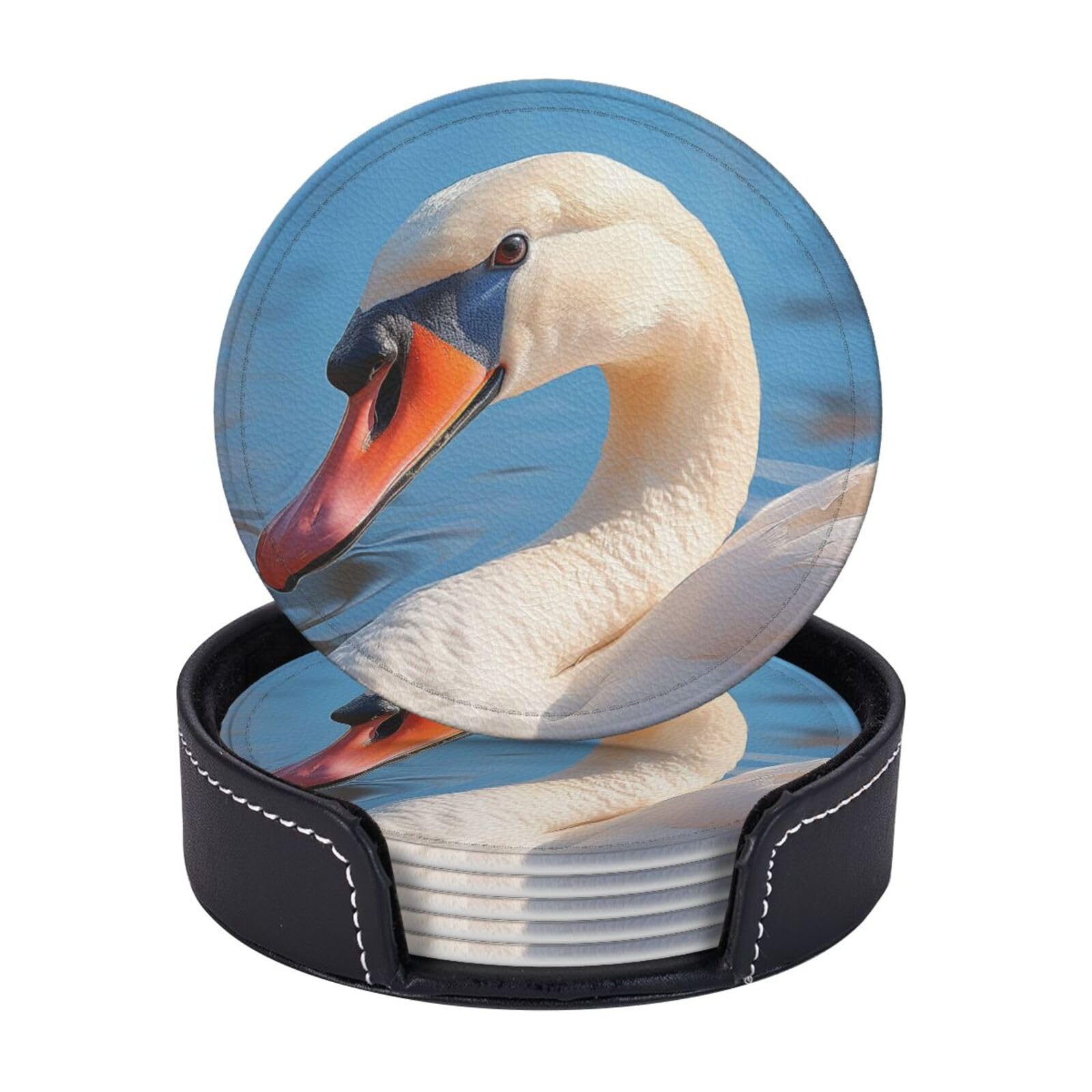 Coasters Set of 6 Leather Drink Coasters with Holder White Swan Coasters for Drinks Heat Resistant Coaster Round Coffee Cup Mat Pad for Kitchen Office Home Decor