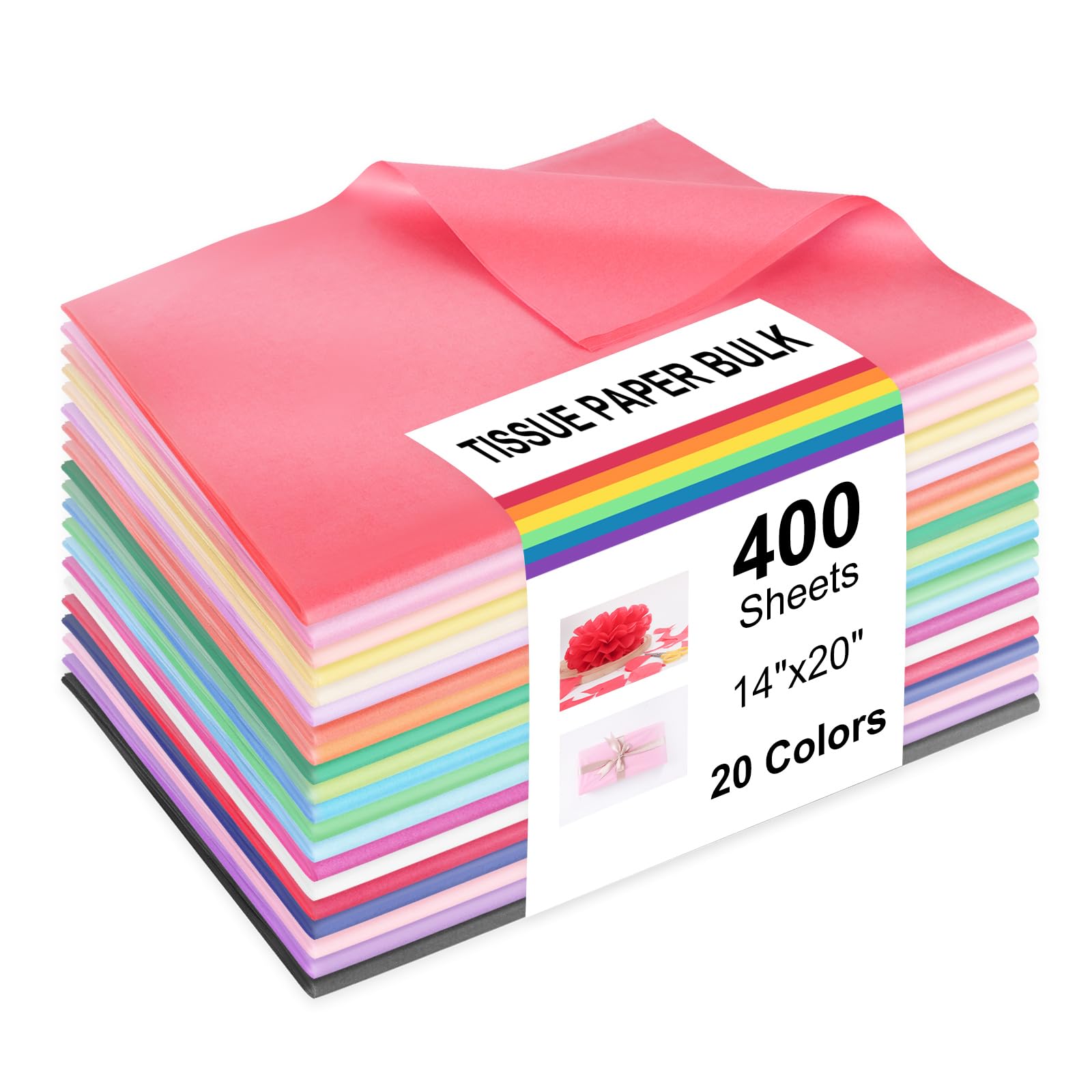 400 PCS Tissue Paper, 20 Colors 14" X 20" Tissue Papers Bulk for Packaging, Colored Tissue Paper for Gift Bags Crafts Birthday Party Flower Decoration