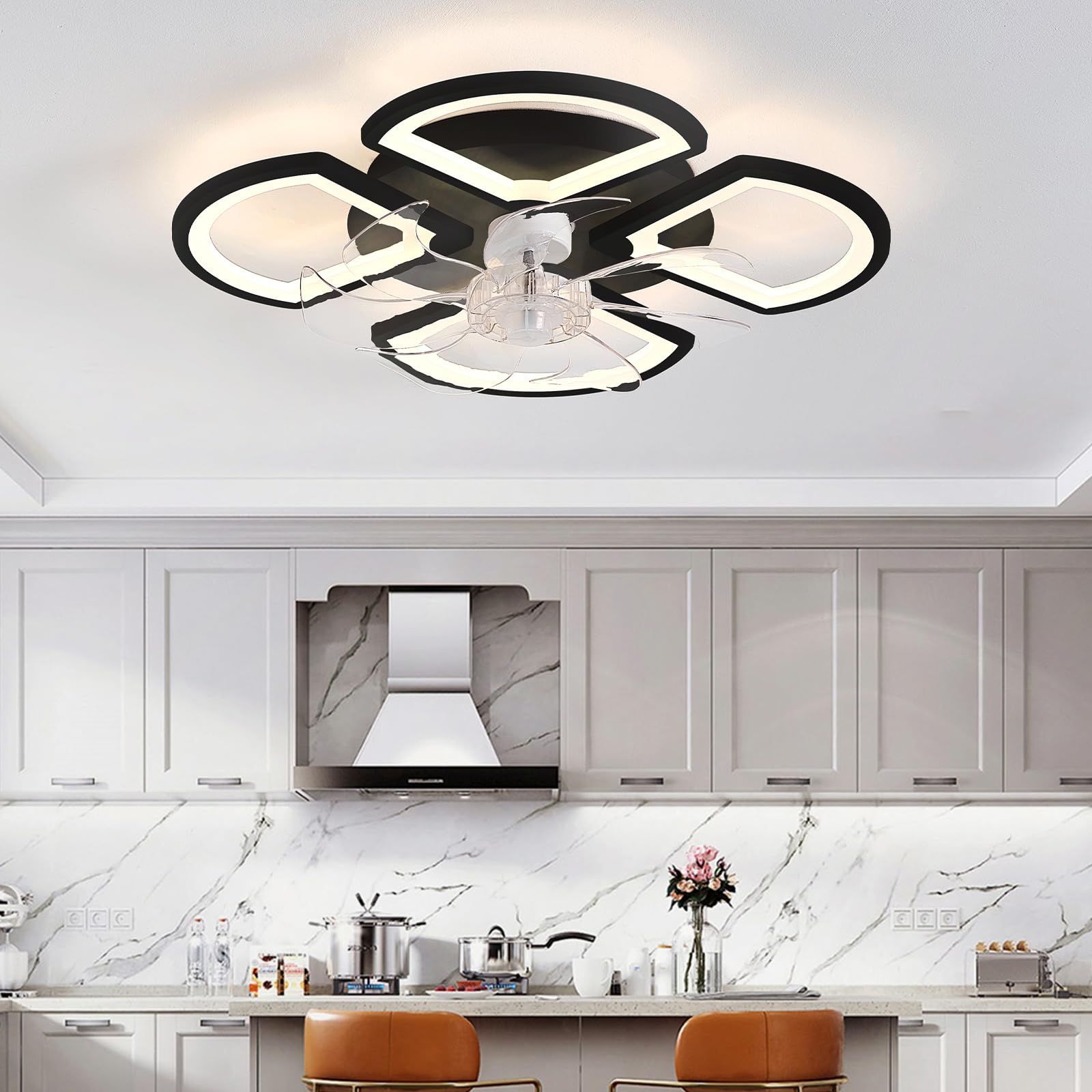 Ventilatore A Soffitto Con Luce LED Dimmerabile E Telecomando + APP: 6 Velocità, Motore Reversibile Per Estate/inverno. Design Moderno A Petalo, Diametro 60 Cm, Colore Nero. Silenzioso! - copertina