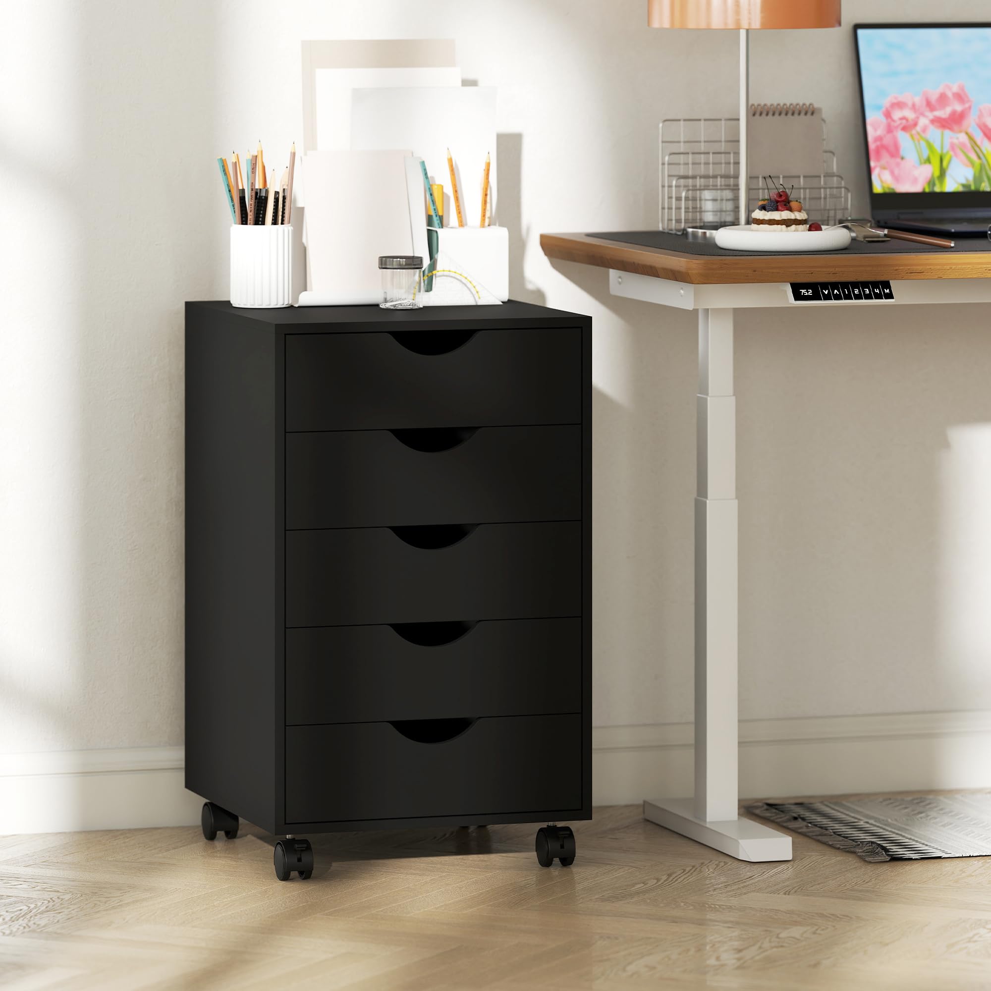 HOMCOM Caisson bureau mobile avec 5 tiroirs, meuble rangement bureau sur roulettes pour documents et imprimante, caisson de rangement compact pour travail ou chambre, 40 x 40 x 67 cm, noir