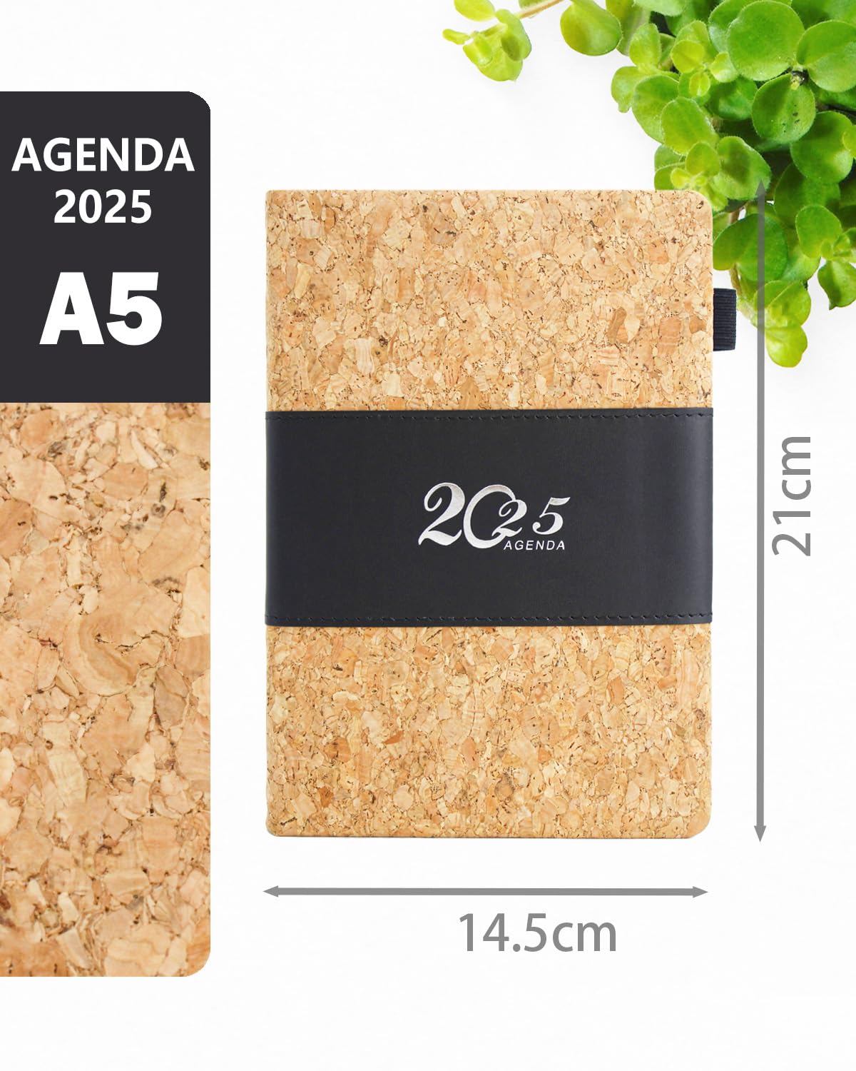 HW CASA Agenda 2025 Giornaliera Taccuino,Formato A5,200 Pagine,Copertina in rilievo con venature del legno,portapenne con cinturino elastico,design a pagina singola ed etichette mensili colorate,Nero